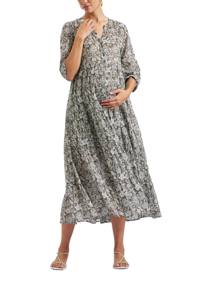 Ripe Ezra Floral Tiered Maternity Dress, Olive/White, Olive/White