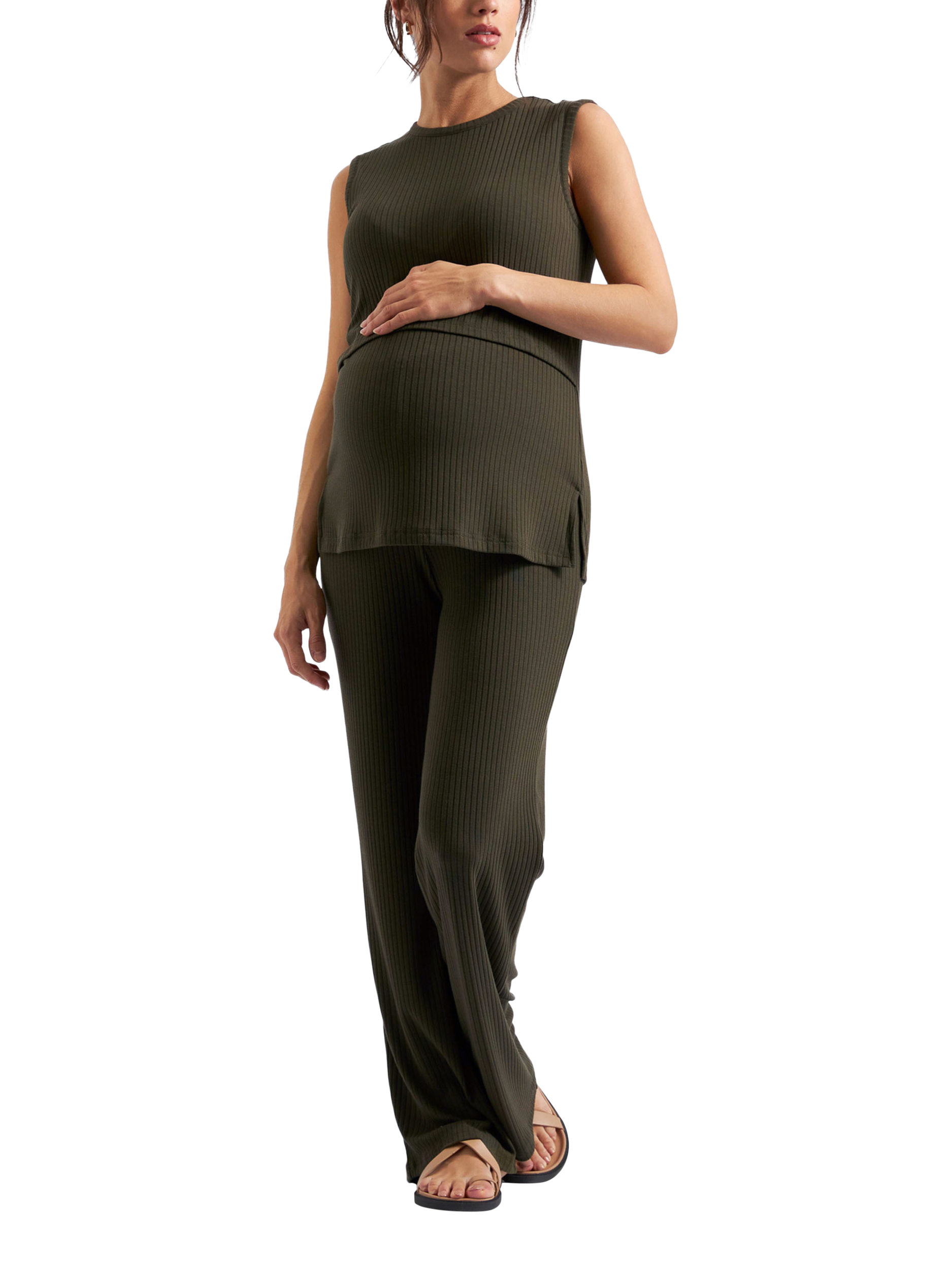 Product image 3 of 6, which shows Ripe Cindy Rib Maternity Trousers, Khaki, XS