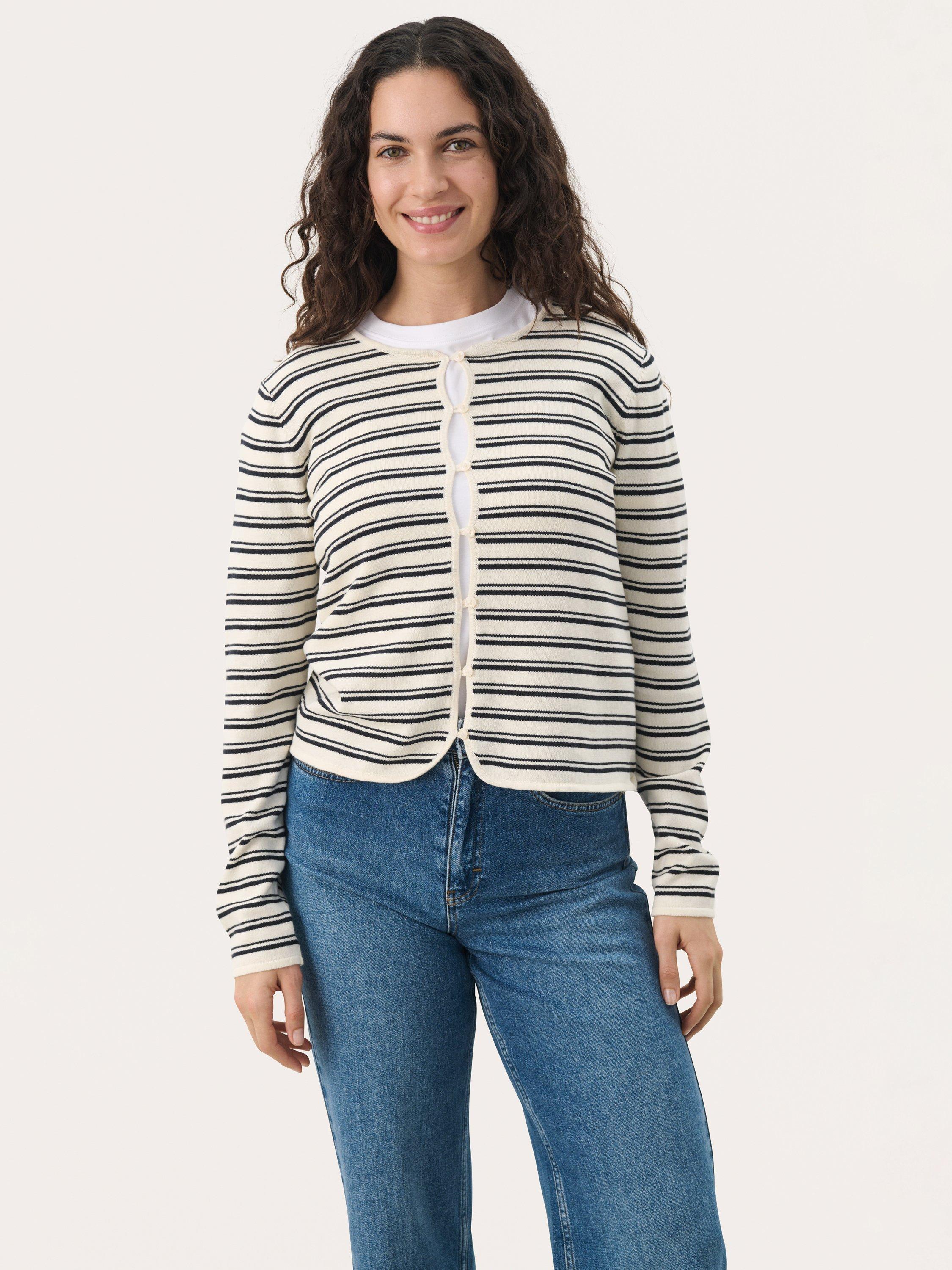 Product image 1 of 6, which shows Part Two Pavline Stripe Pure Organic Cotton Cardigan, Dark Navy Stripe, S