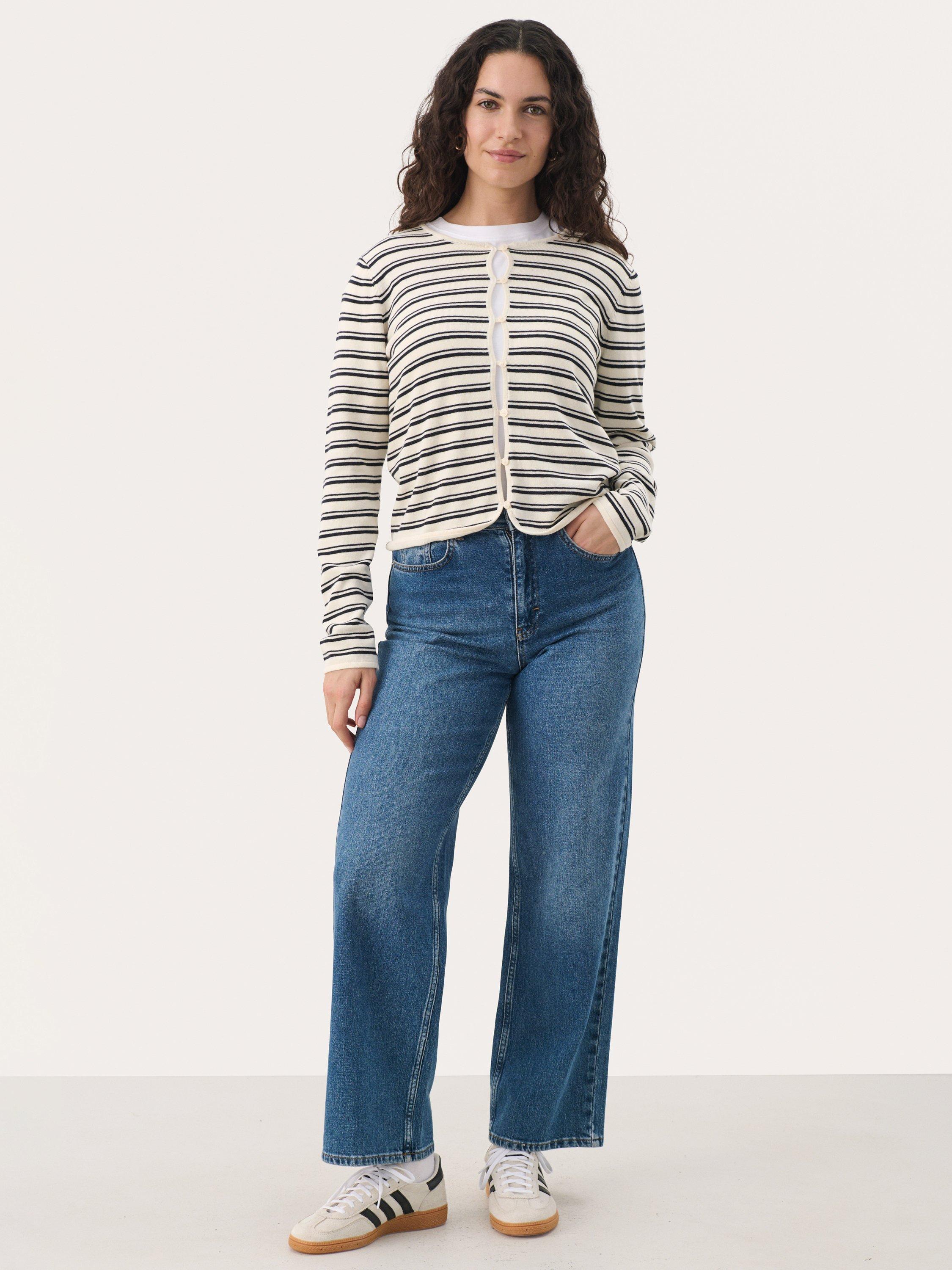 Product image 3 of 6, which shows Part Two Pavline Stripe Pure Organic Cotton Cardigan, Dark Navy Stripe, S