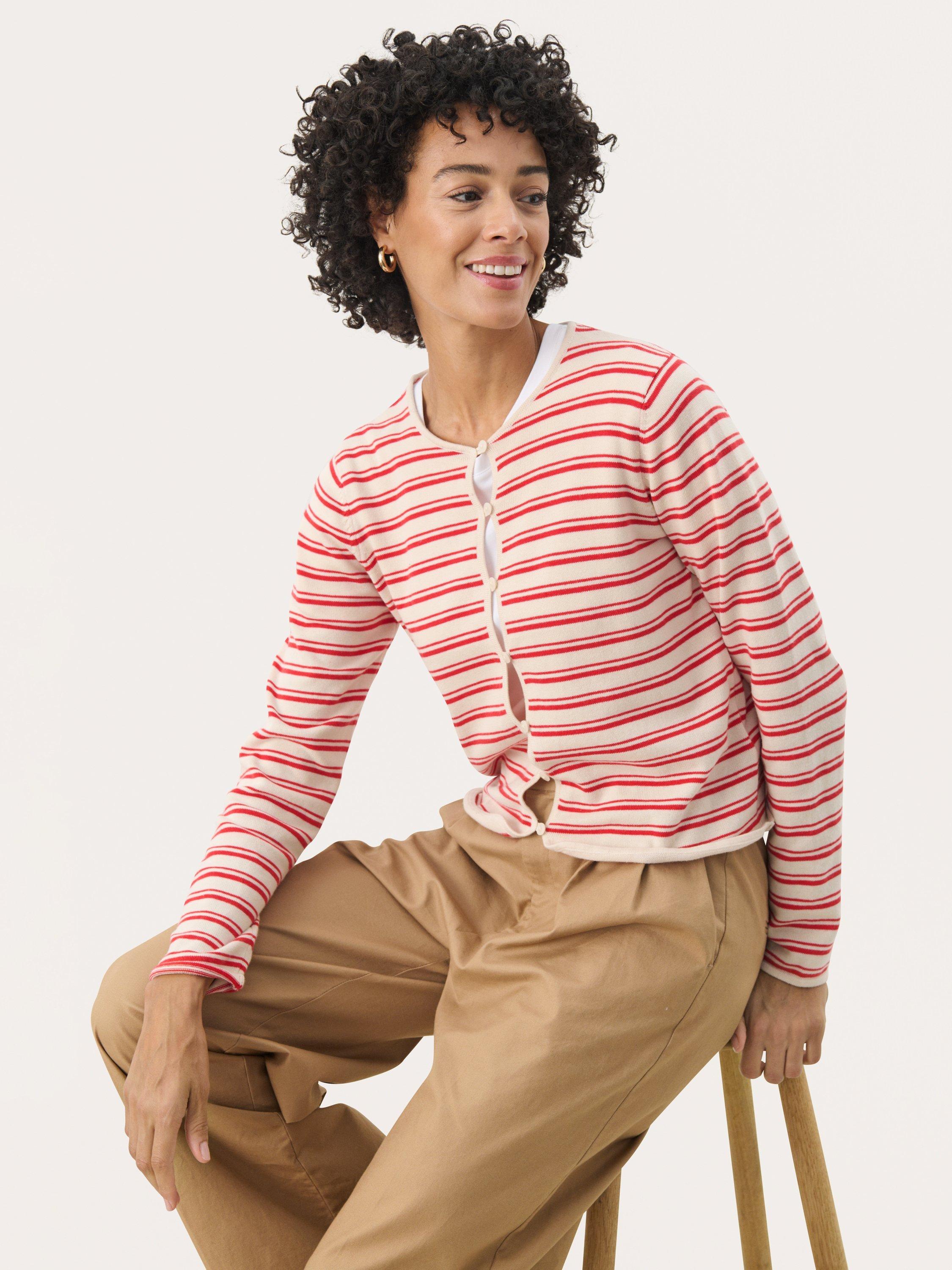Product image 1 of 6, which shows Part Two Pavline Stripe Pure Organic Cotton Cardigan, Red Stripe, XS