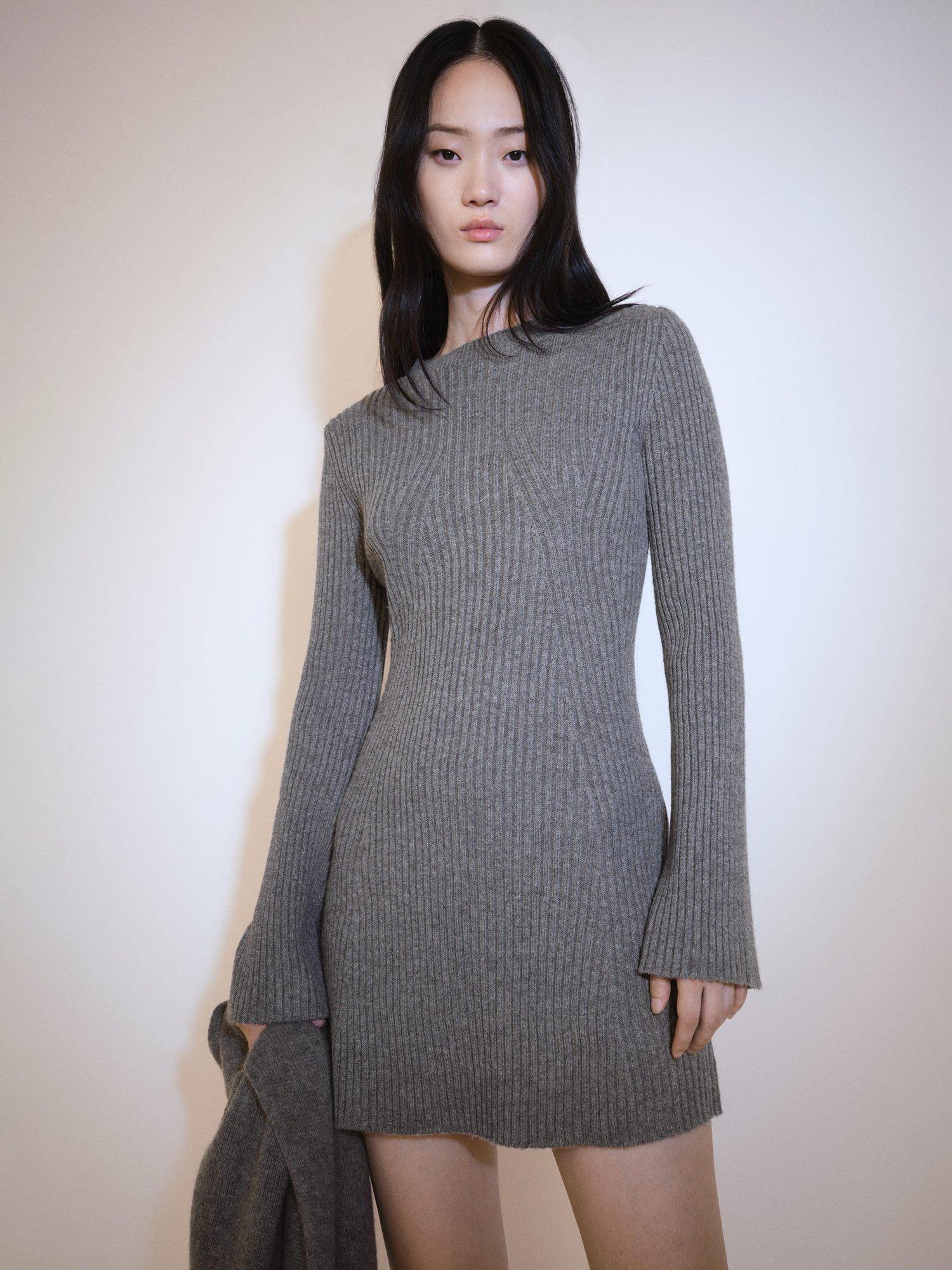 Mango Kiki Wool Blend Ribbed Dress, Grey