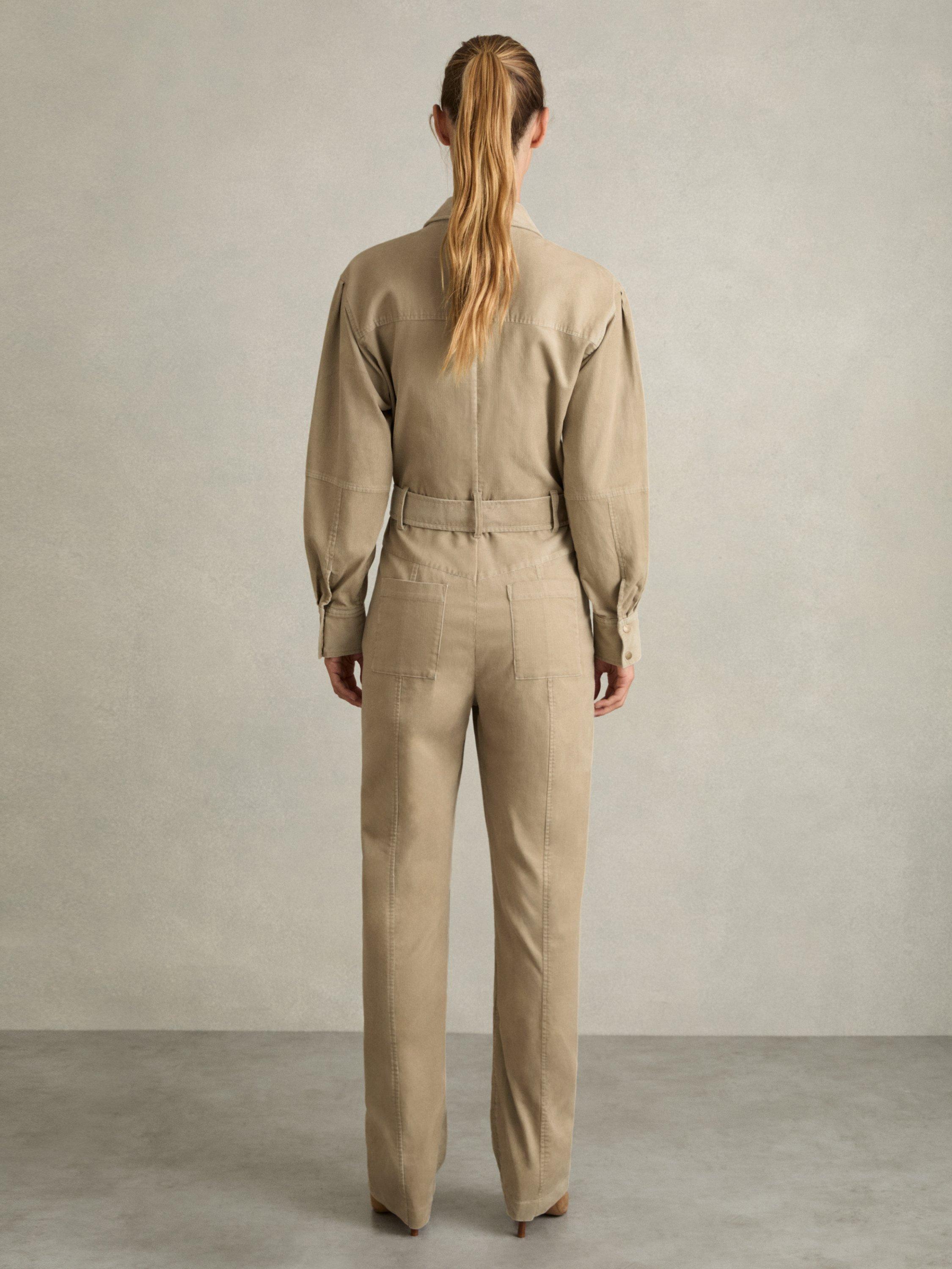 Product image 2 of 5, which shows Reiss Mara Stretch Cotton Corduroy Jumpsuit, Beige, 6