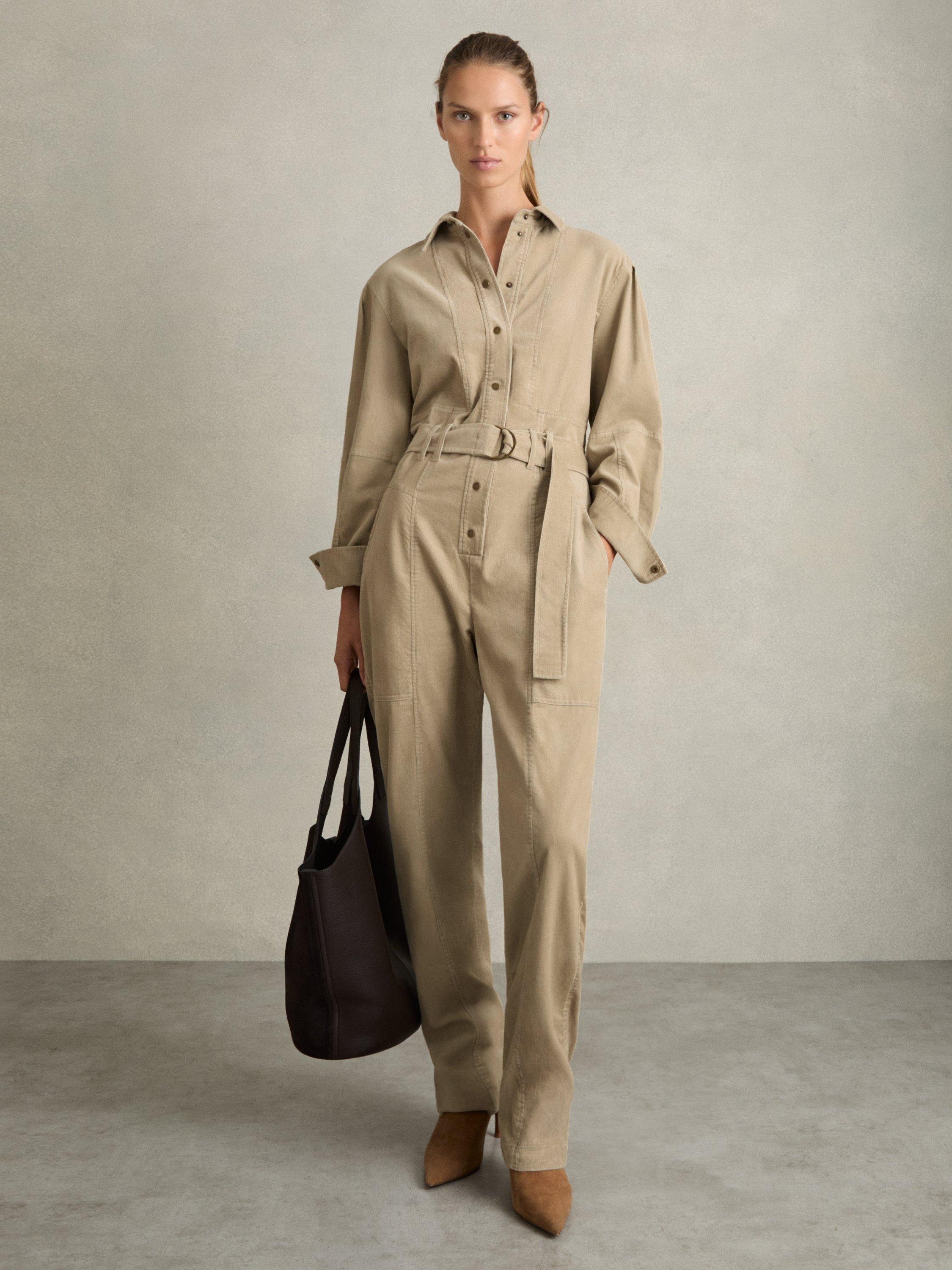 Product image 4 of 5, which shows Reiss Mara Stretch Cotton Corduroy Jumpsuit, Beige, 6