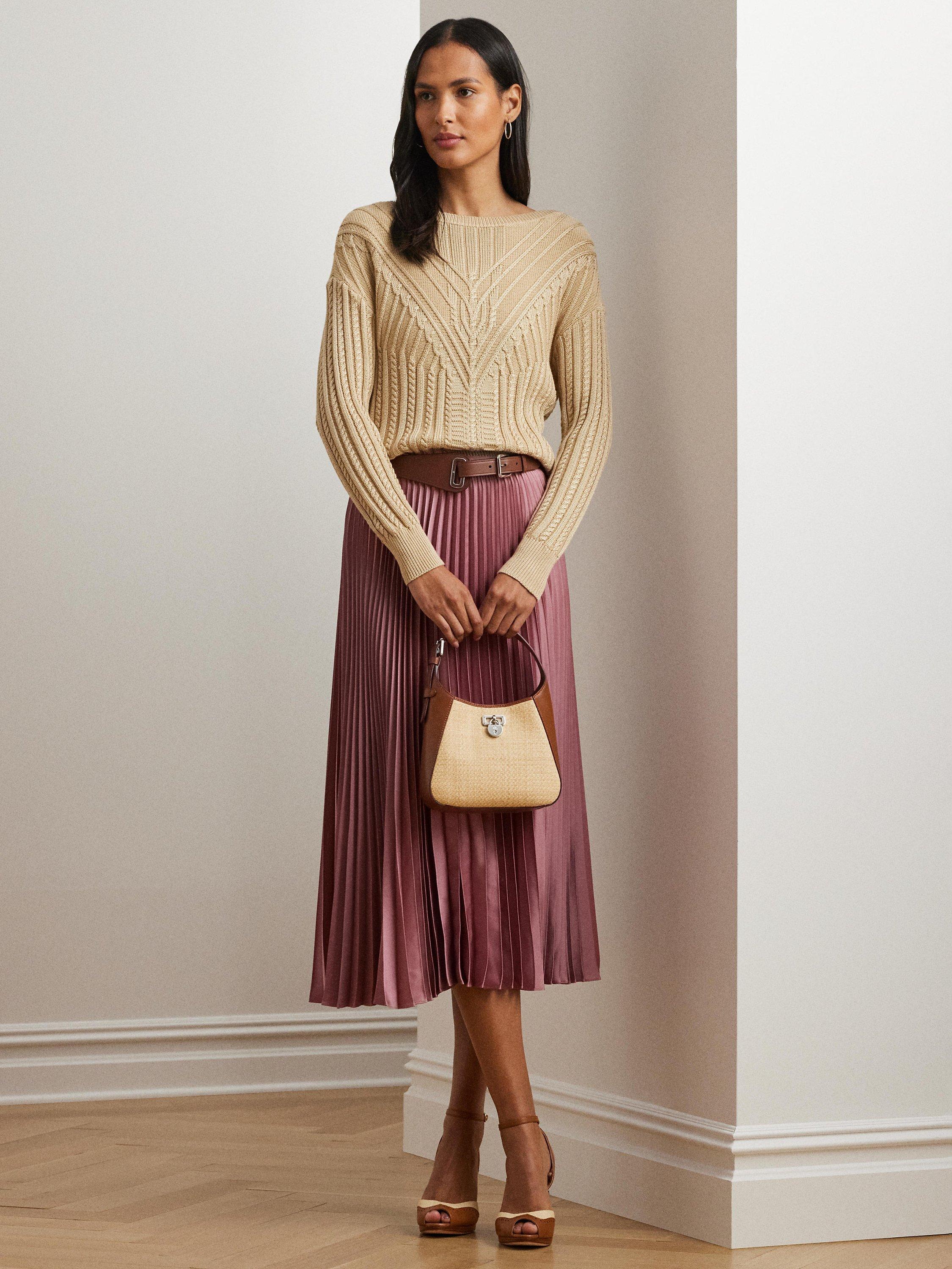 Product image 1 of 4, which shows Lauren Ralph Lauren Suzu Pleated Satin A-Line Midi Skirt, Rose Mauve, 10