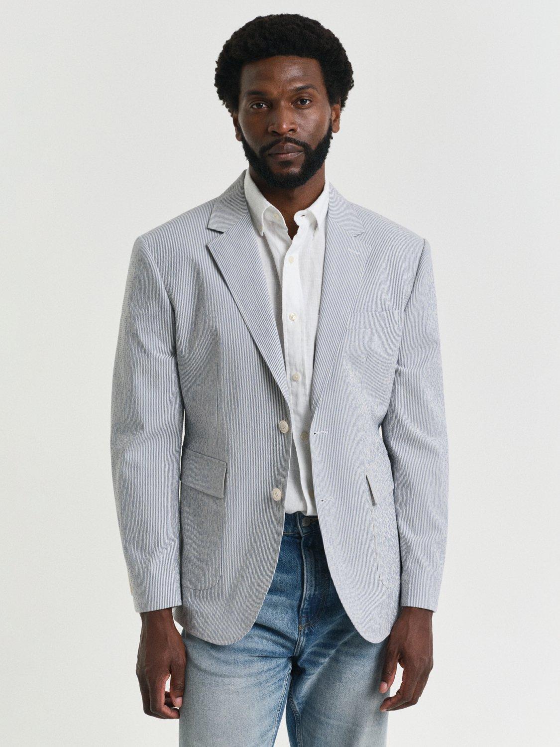 Product image 1 of 7, which shows GANT Tailored Fit Cotton Blend Seersucker Suit Jacket, Rich Blue, 38R