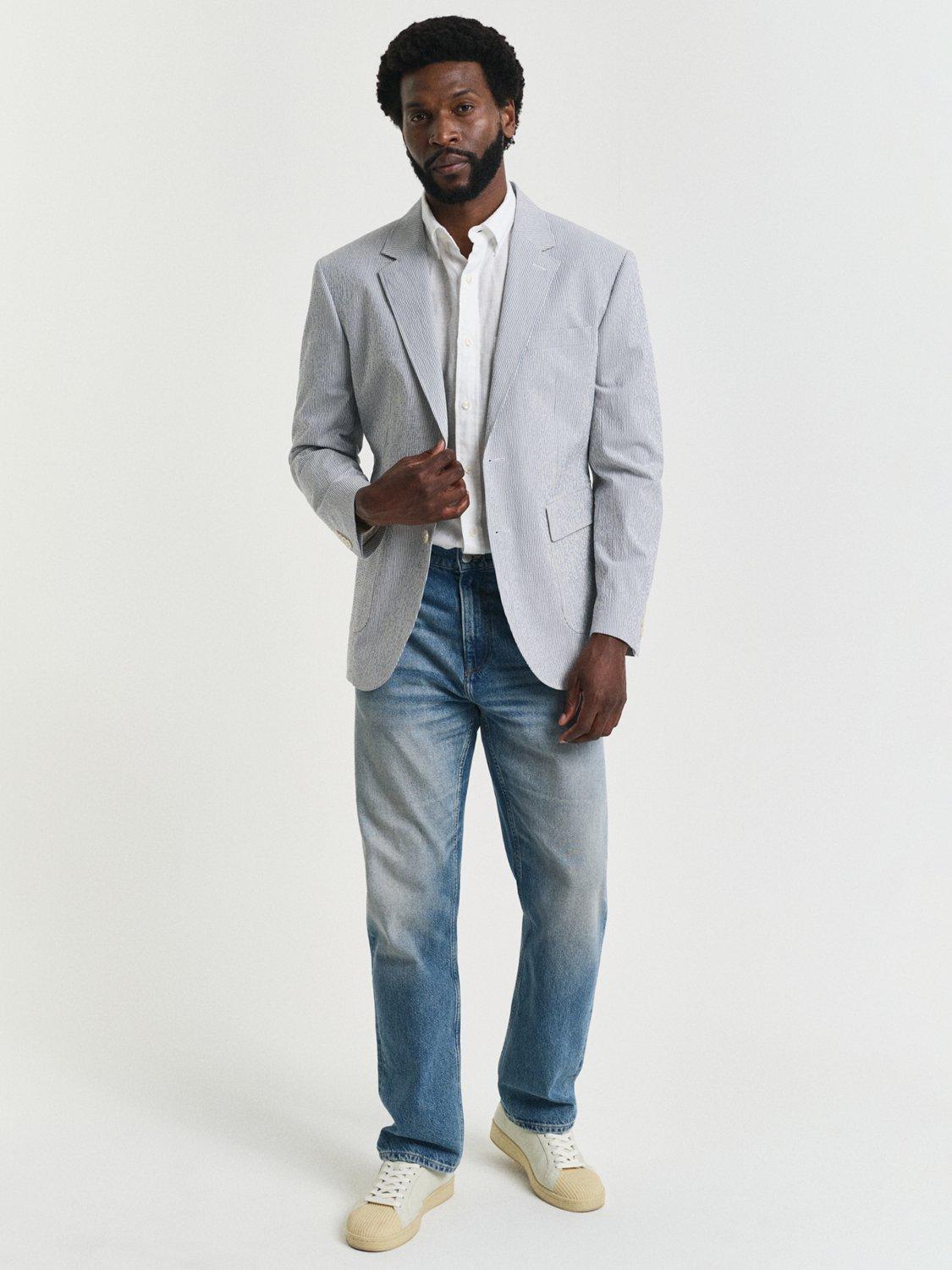 Product image 4 of 7, which shows GANT Tailored Fit Cotton Blend Seersucker Suit Jacket, Rich Blue, 38R