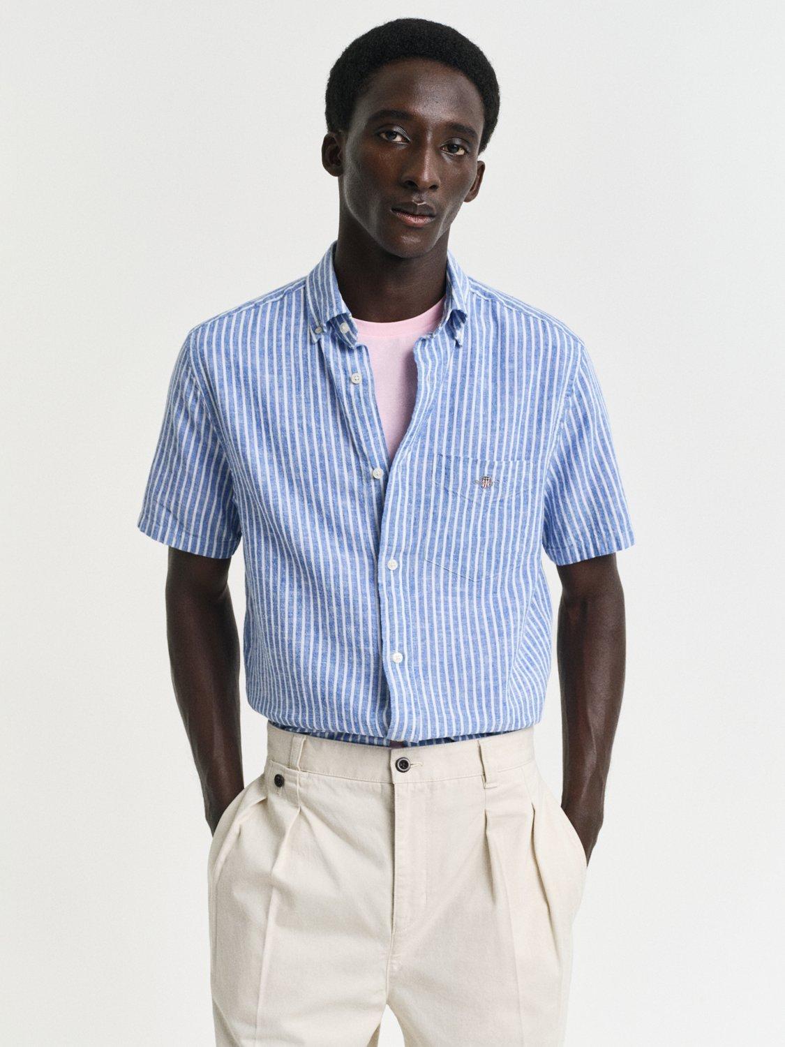 Product image 1 of 5, which shows GANT Linen Blend Regular Fit Stripe Shirt, Rich Blue, S