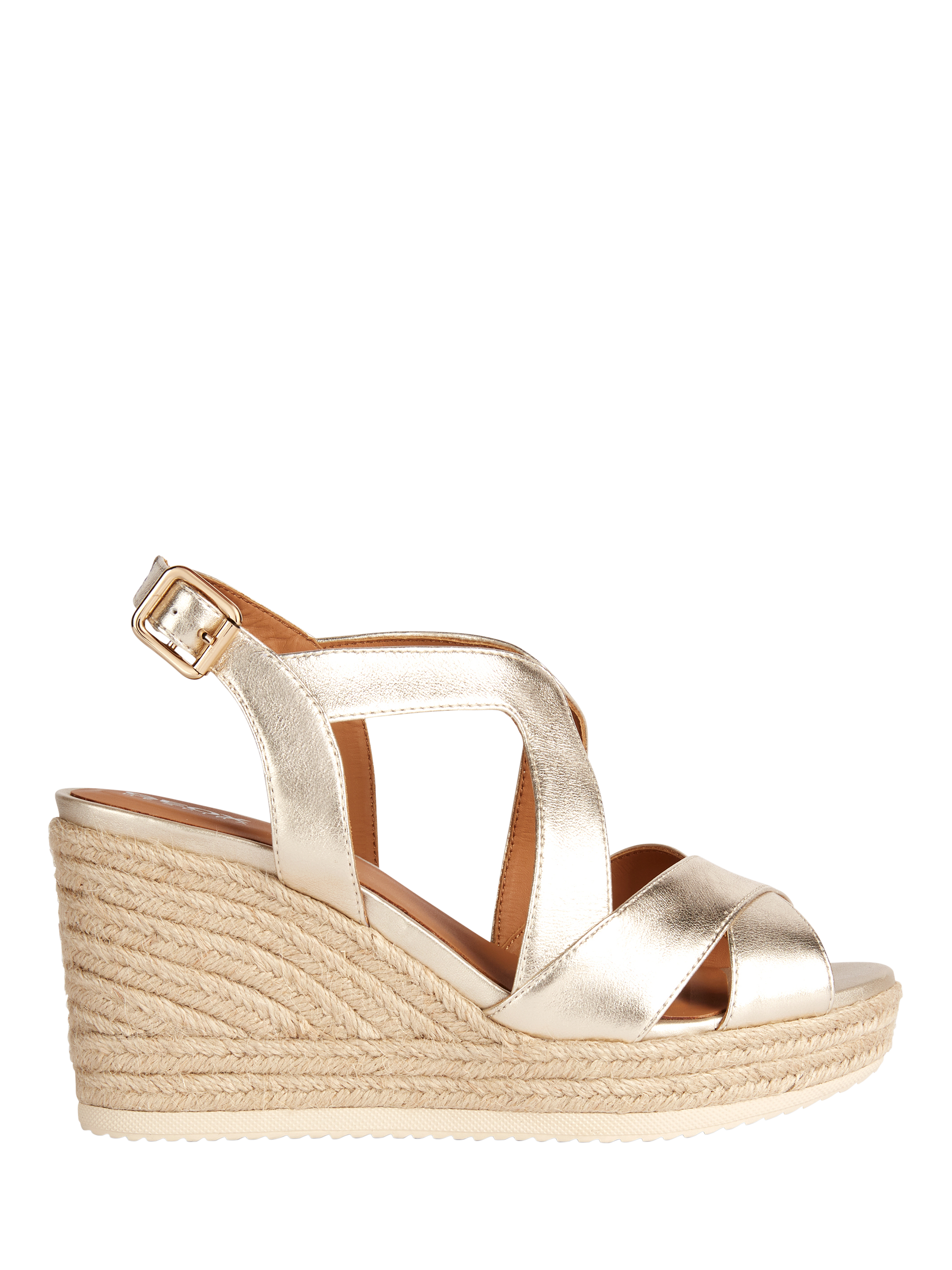 Product image 1 of 6, which shows Geox Ponza C Metallic Leather Wedge Heeled Sandals, Light Gold, EU35