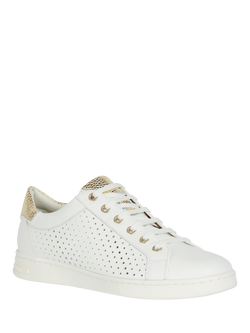 Geox Jaysen Leather Lace Up Trainers, White/Gold - view 2, White/Gold
