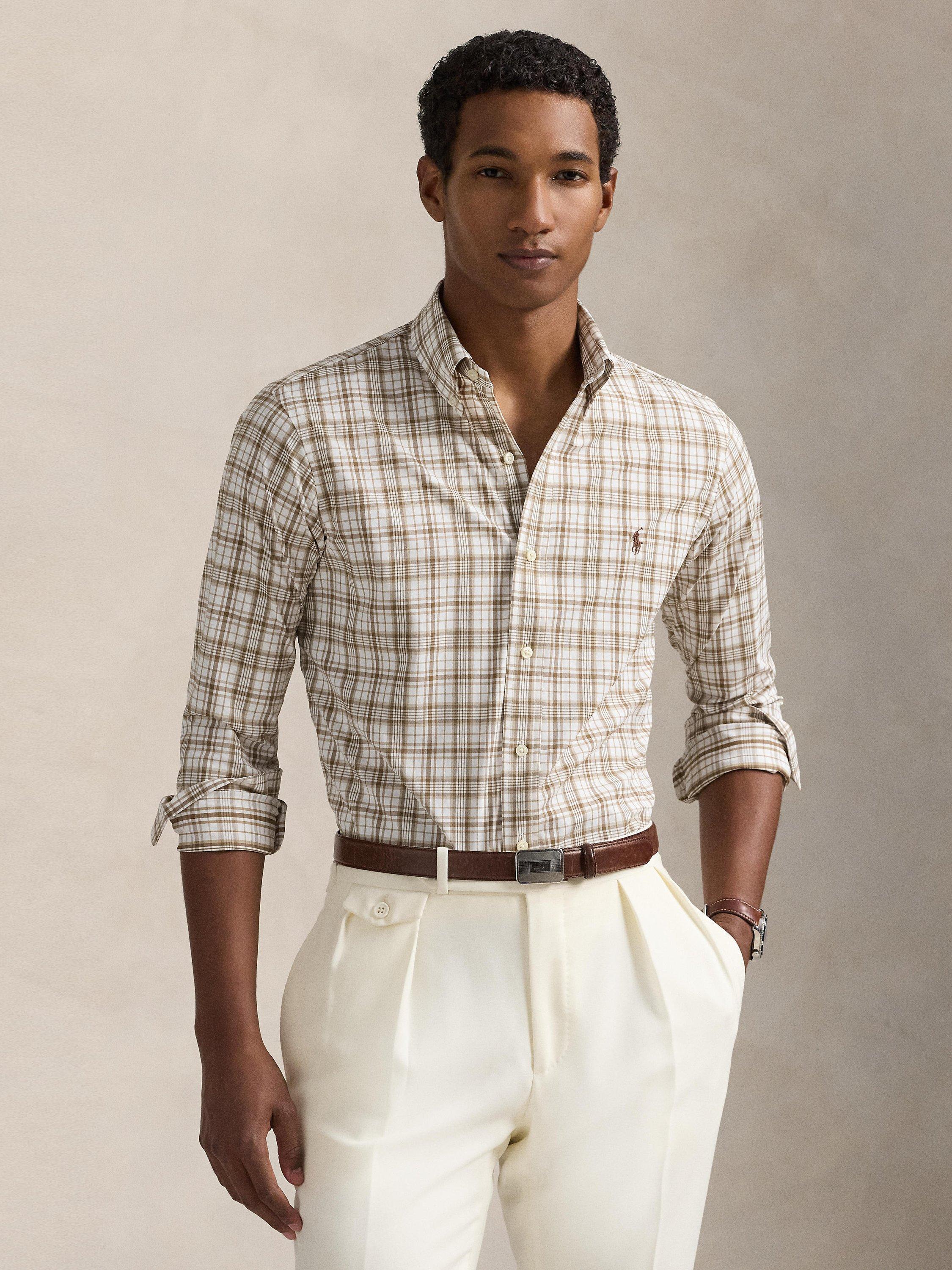 Polo Golf by Ralph Lauren Tattersall Stretch Twill Shirt, White/Khaki Multi