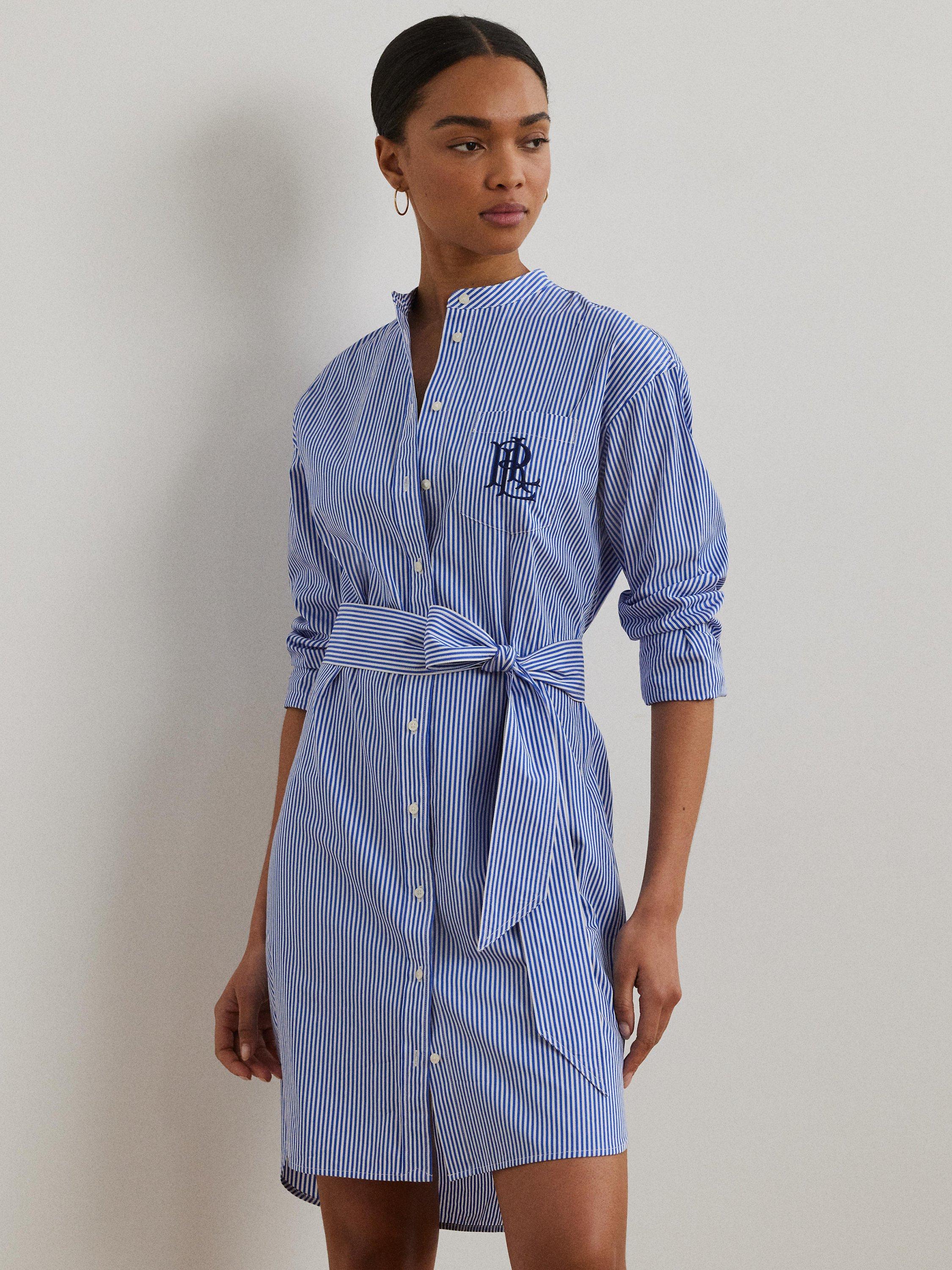 Lauren Ralph Lauren Kinley Stripe Belted Broadcloth Shirt Dress, Blue/White