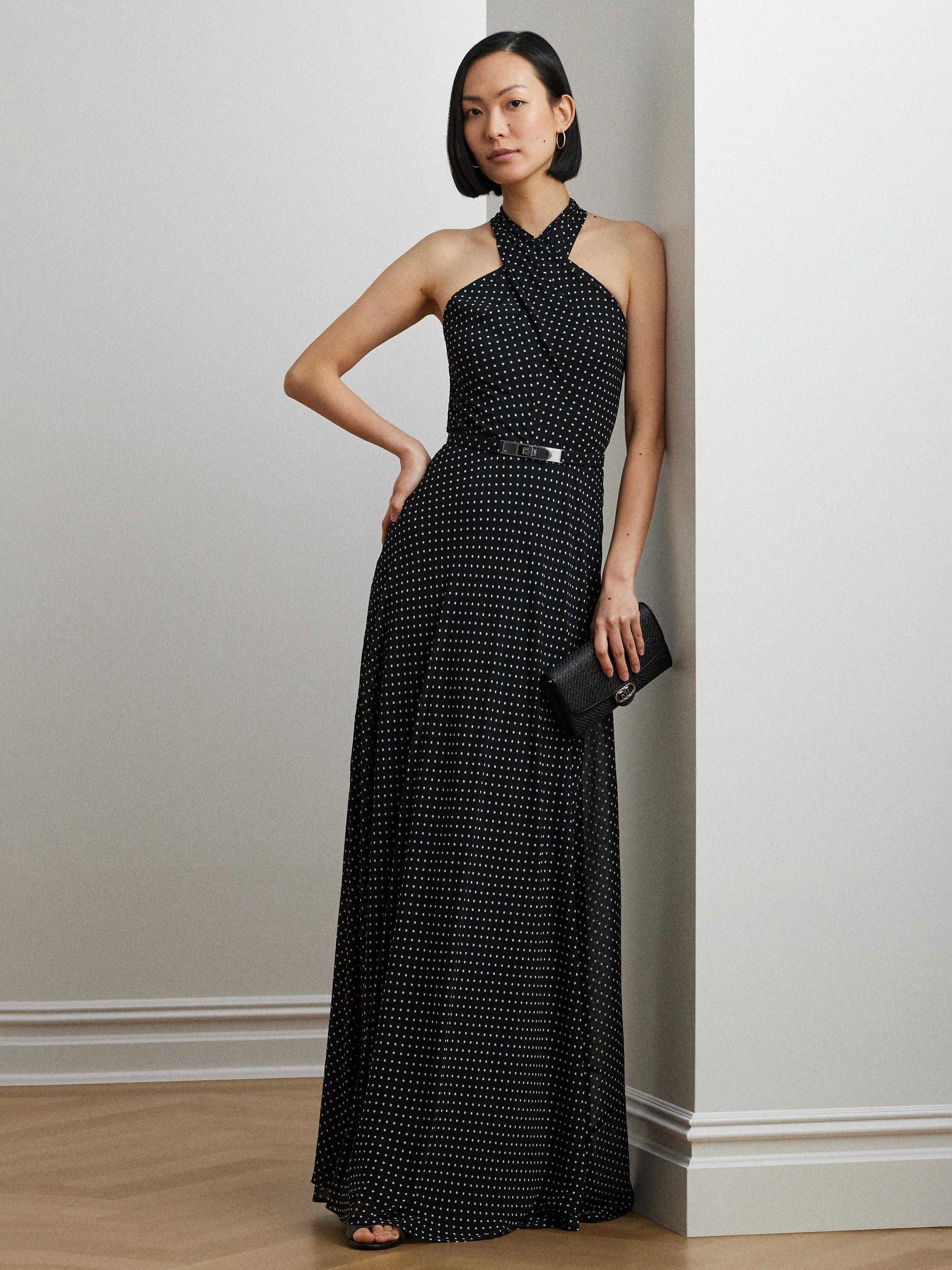 Product image 1 of 4, which shows Lauren Ralph Lauren Lefora Polka Dot Maxi Dress, Black/Cream, 10