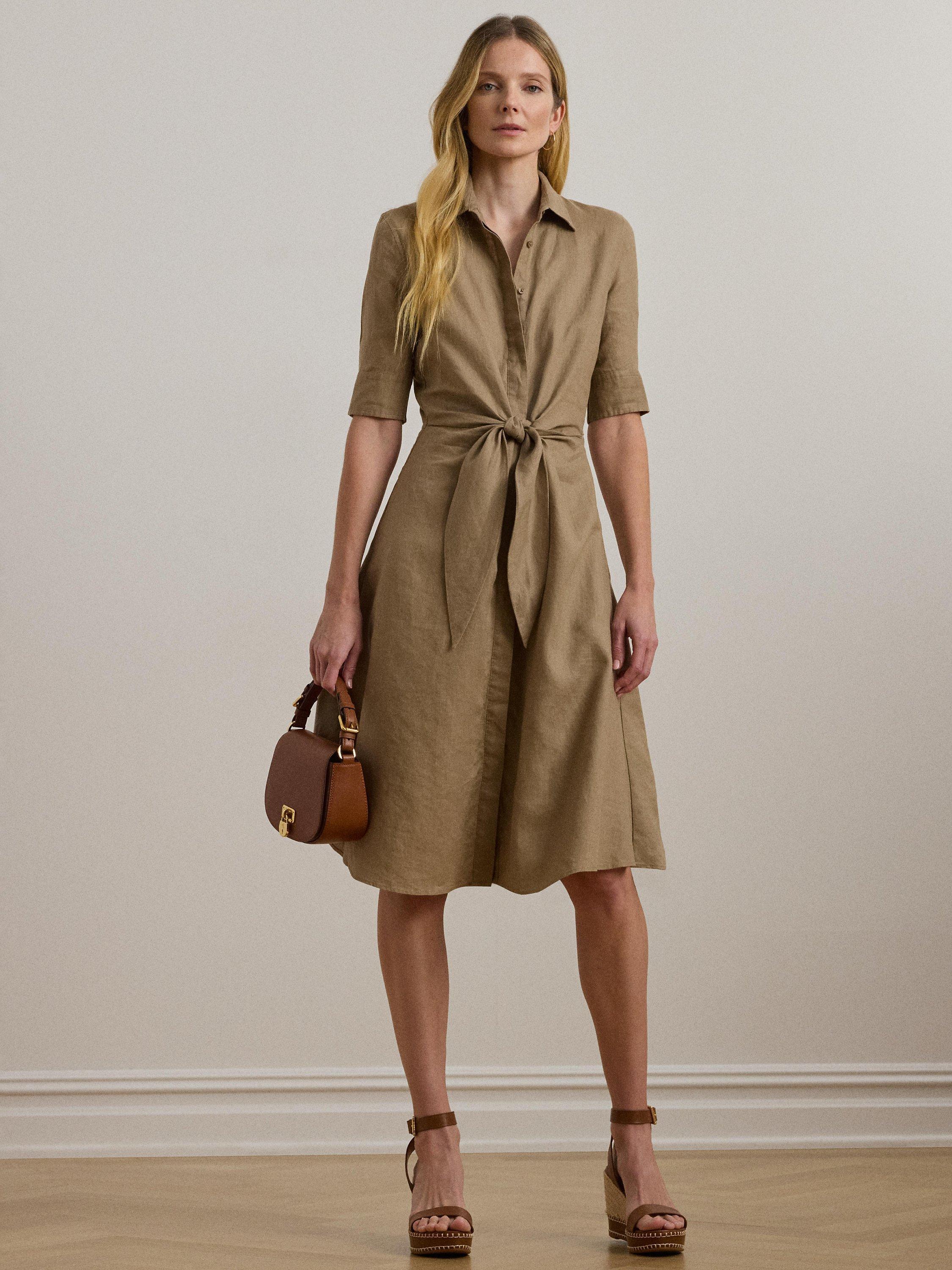 Product image 1 of 4, which shows Lauren Ralph Lauren Wakana Tie Waist Linen Midi Shirt Dress, Madison Tan, 18