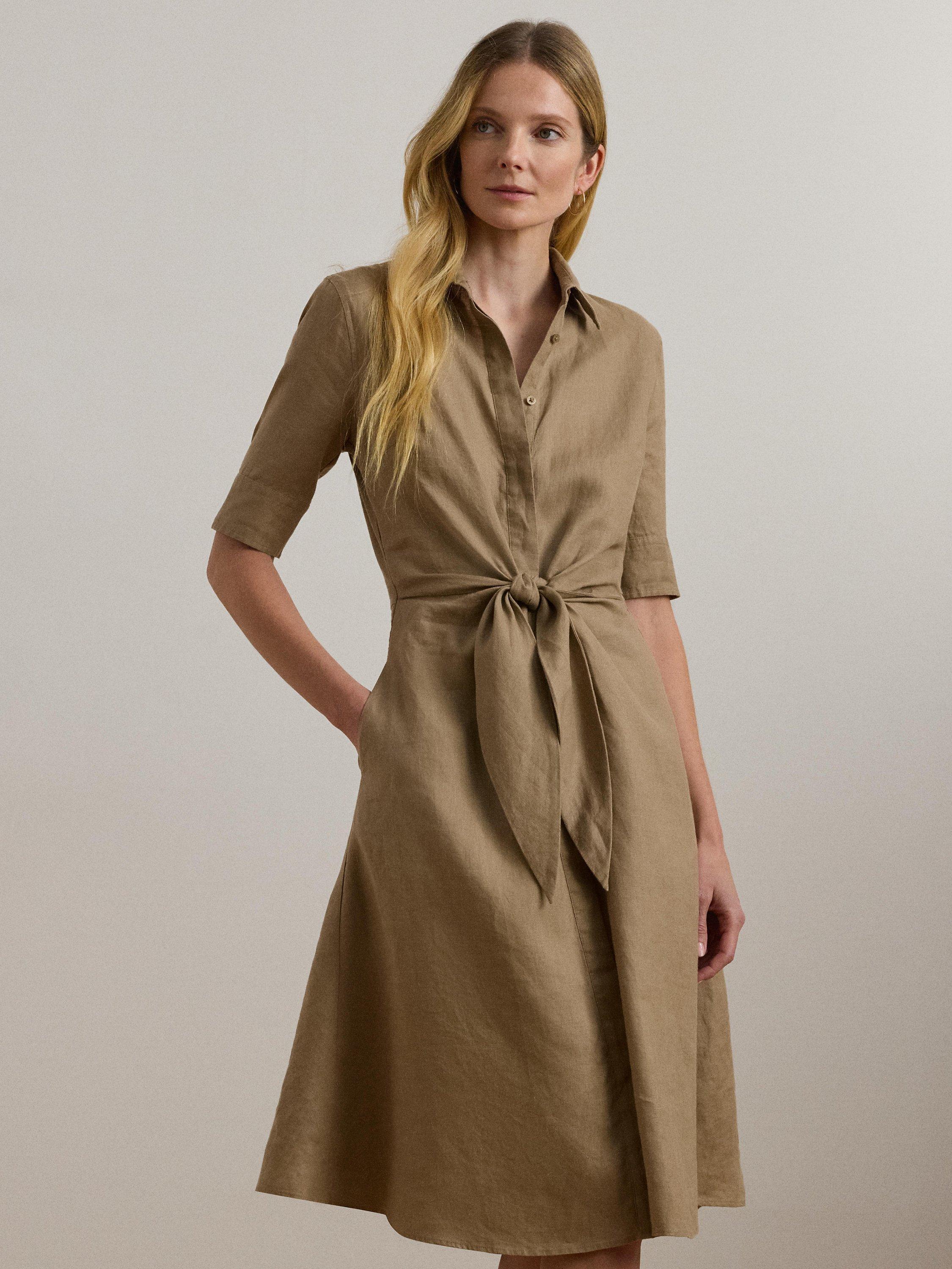 Product image 2 of 4, which shows Lauren Ralph Lauren Wakana Tie Waist Linen Midi Shirt Dress, Madison Tan, 18