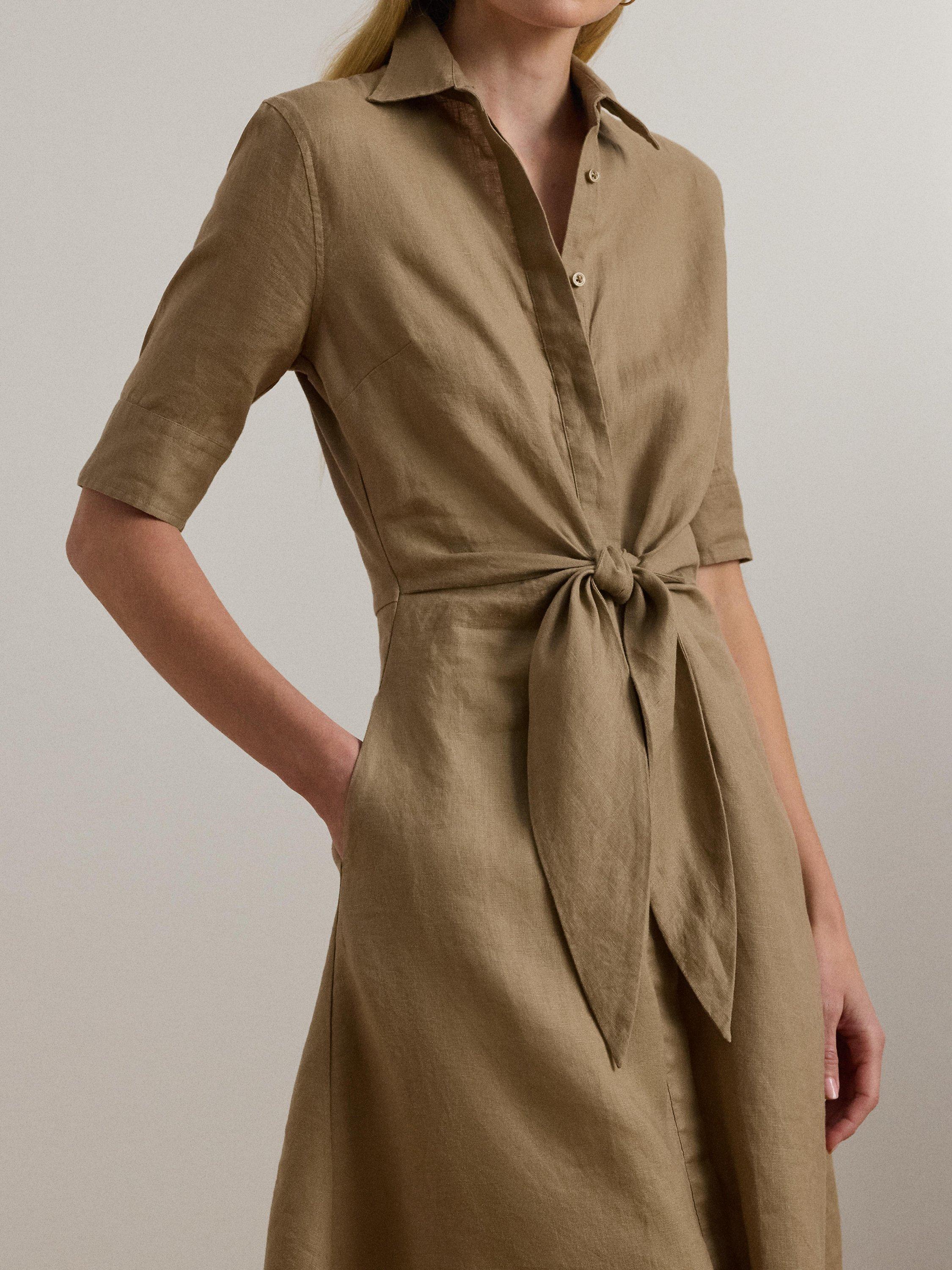 Product image 3 of 4, which shows Lauren Ralph Lauren Wakana Tie Waist Linen Midi Shirt Dress, Madison Tan, 18