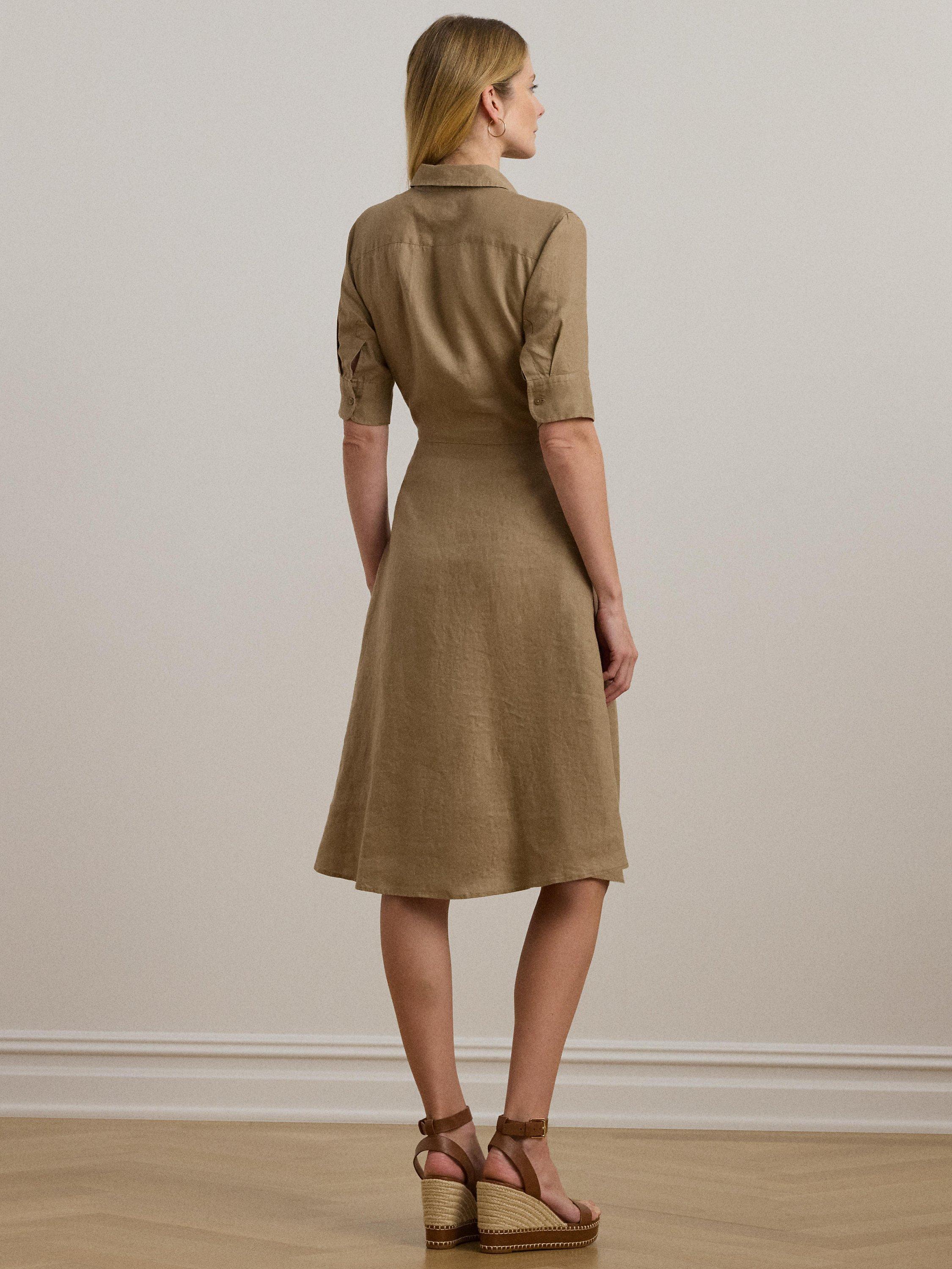 Product image 4 of 4, which shows Lauren Ralph Lauren Wakana Tie Waist Linen Midi Shirt Dress, Madison Tan, 18