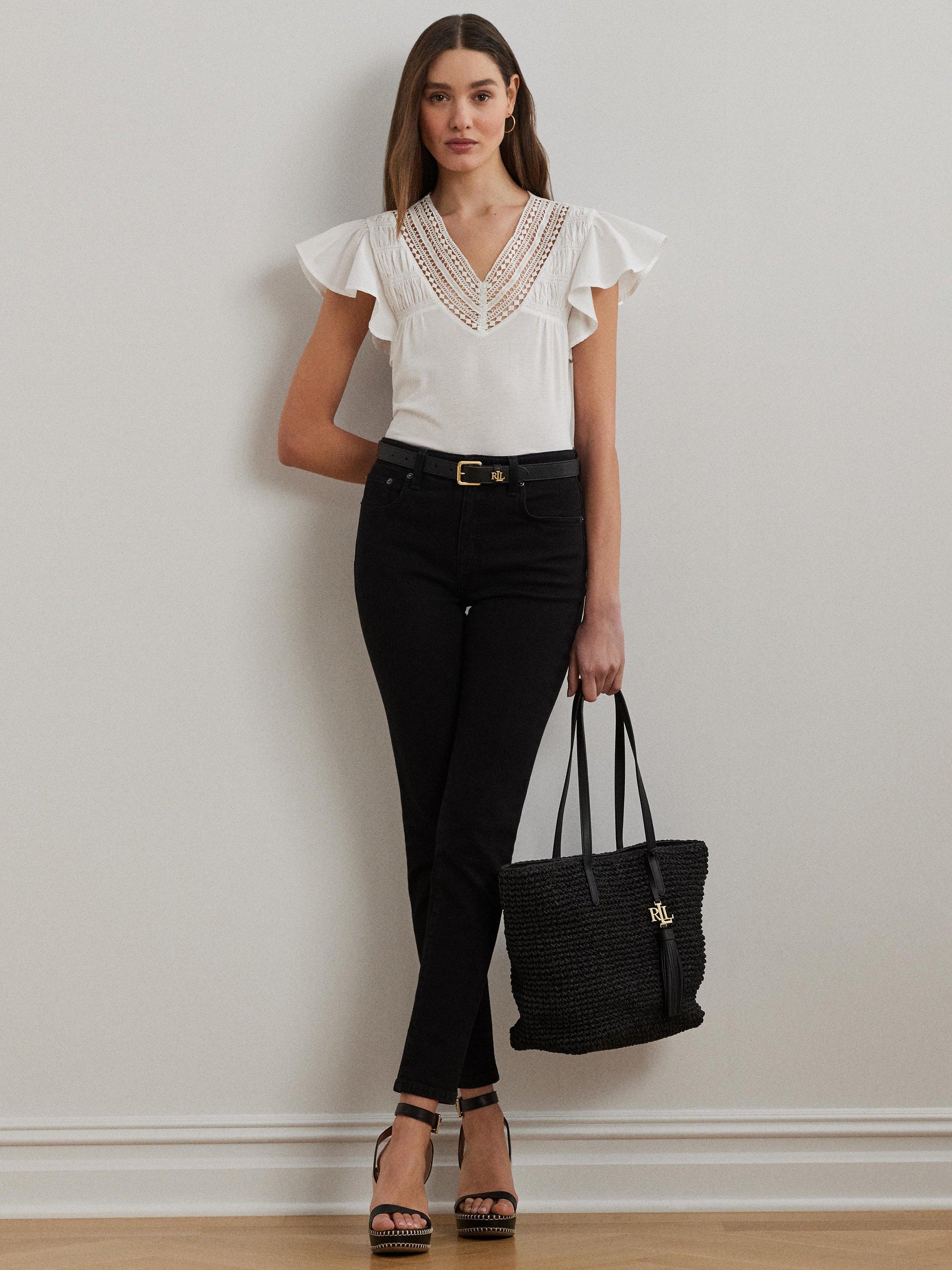 Product image 1 of 4, which shows Lauren Ralph Lauren Belflorisa Lace Trim Jersey Short Flutter Sleeve Top, White, XS