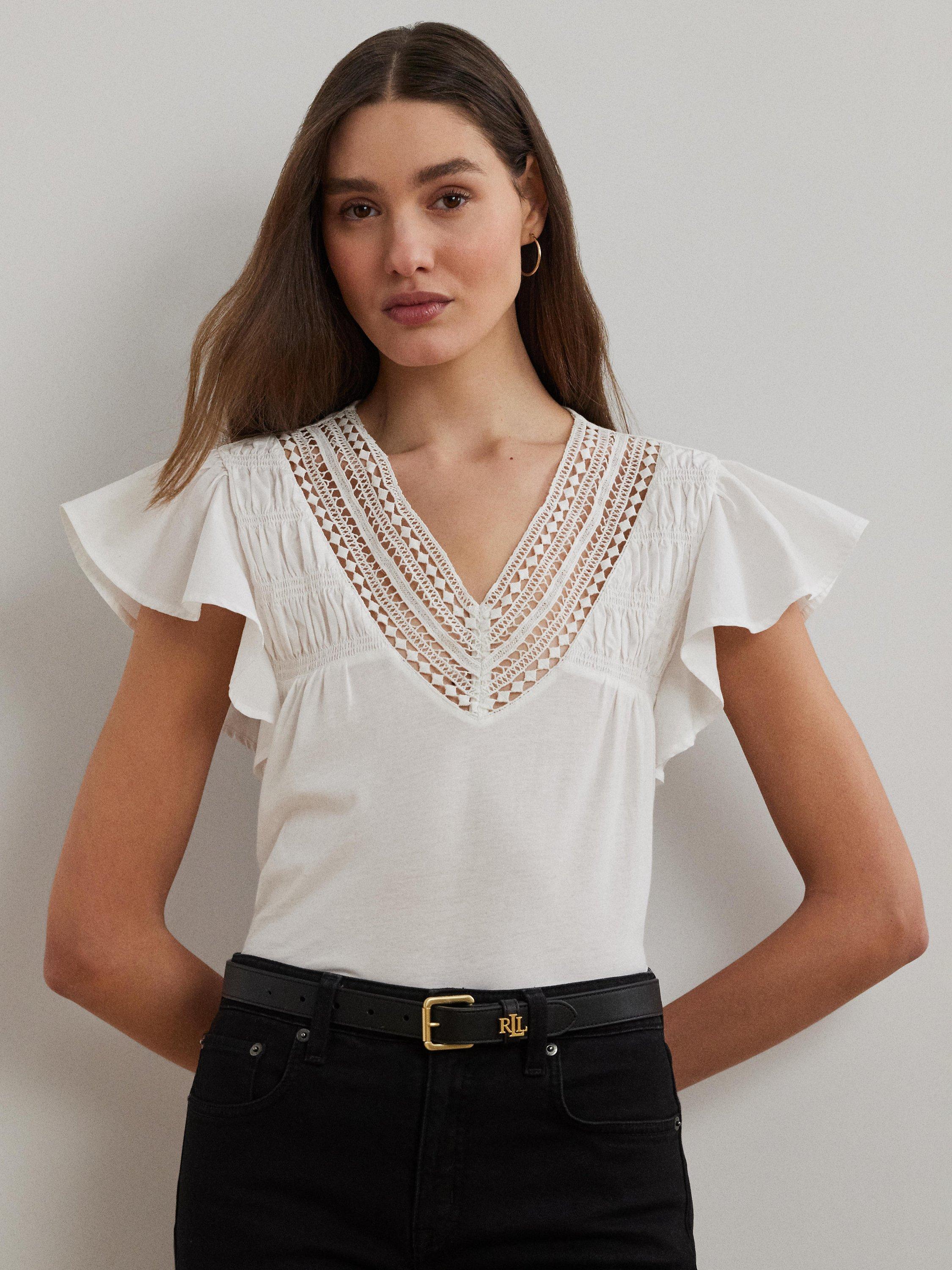 Product image 2 of 4, which shows Lauren Ralph Lauren Belflorisa Lace Trim Jersey Short Flutter Sleeve Top, White, XS