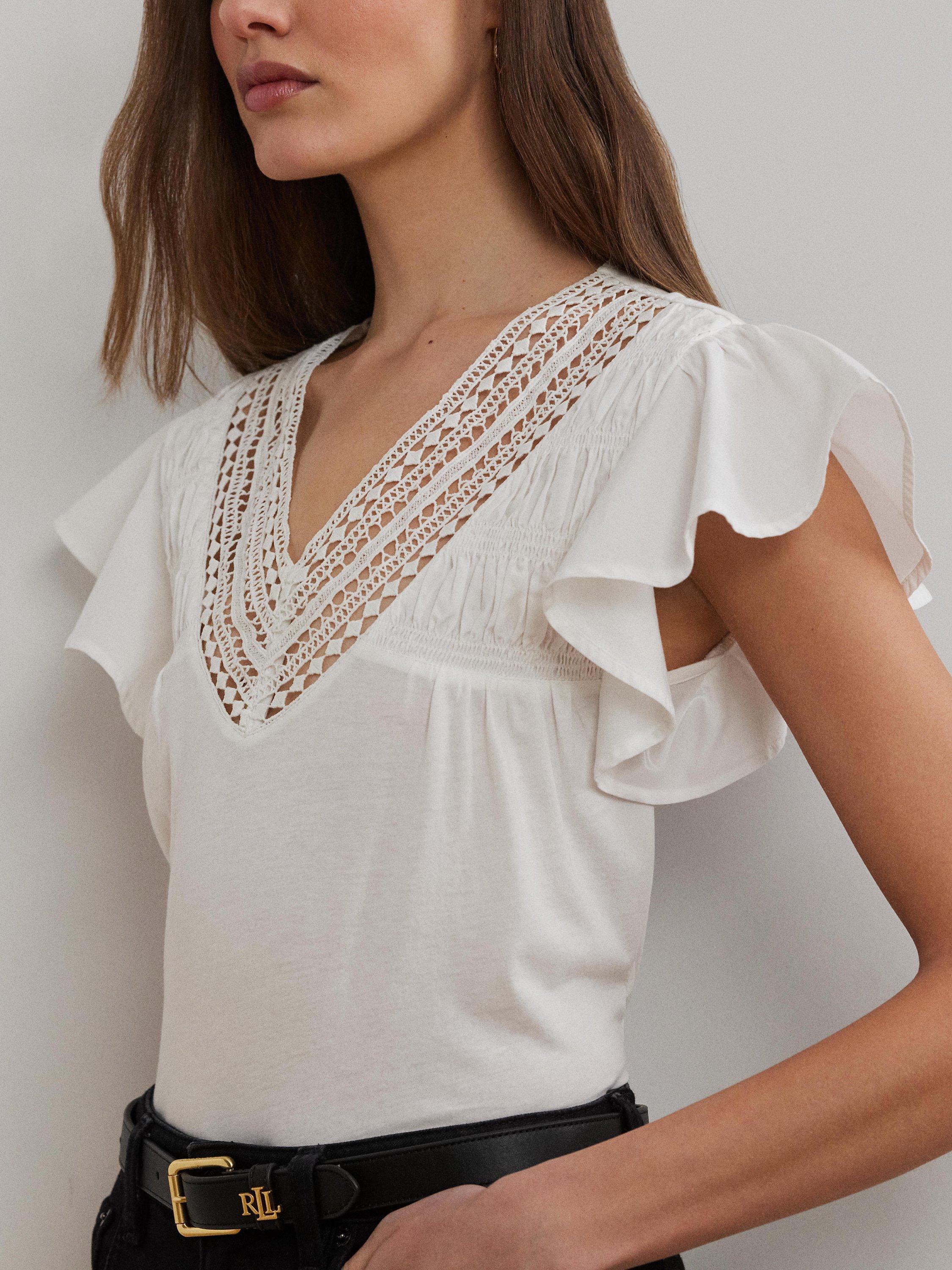 Product image 3 of 4, which shows Lauren Ralph Lauren Belflorisa Lace Trim Jersey Short Flutter Sleeve Top, White, XS