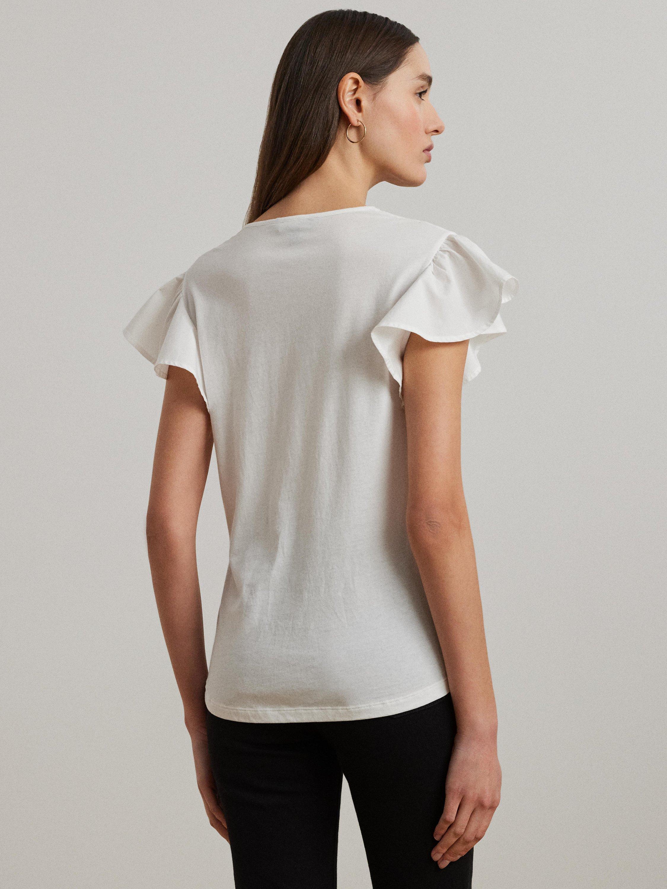 Product image 4 of 4, which shows Lauren Ralph Lauren Belflorisa Lace Trim Jersey Short Flutter Sleeve Top, White, XS