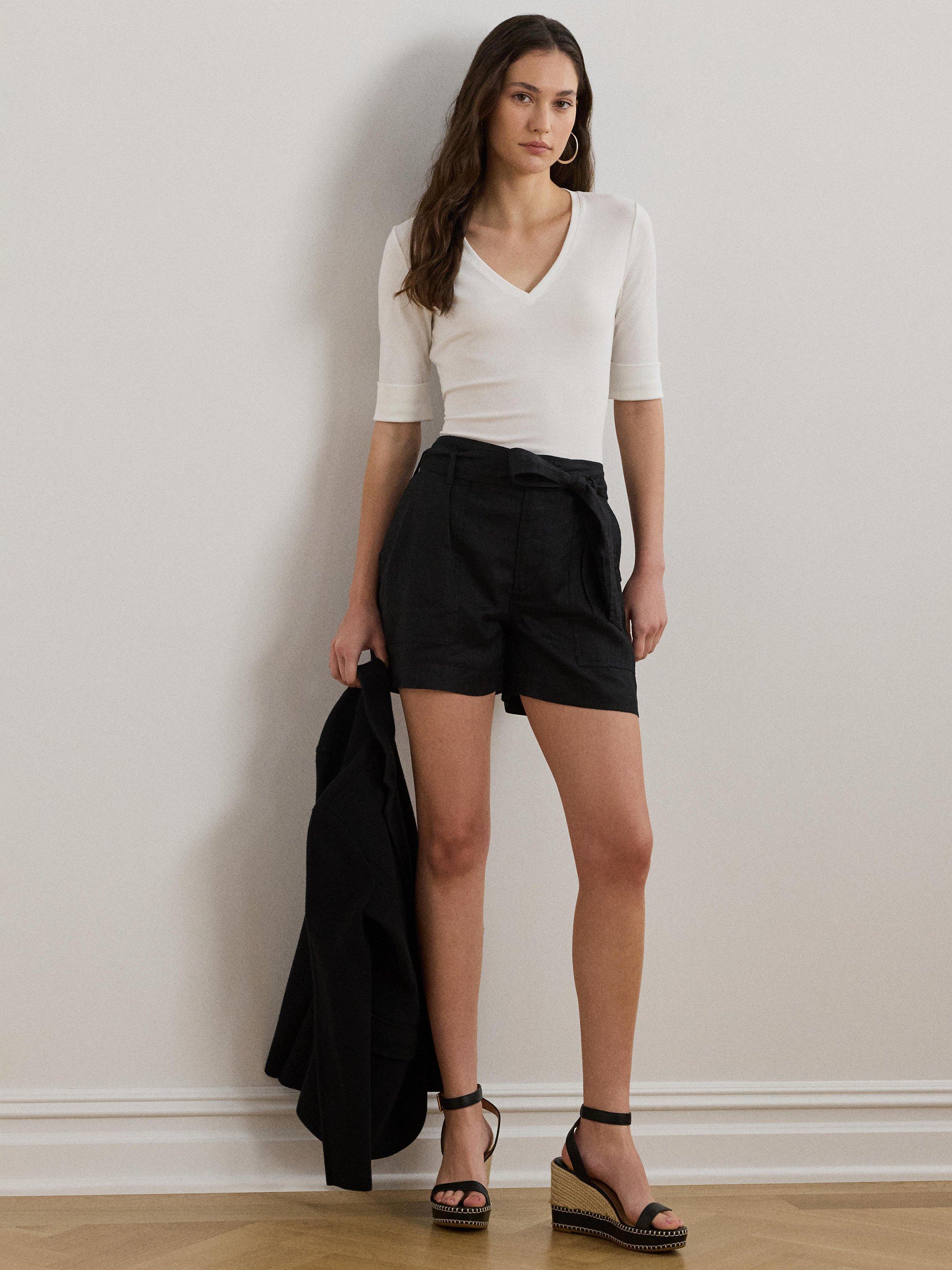 Product image 1 of 4, which shows Lauren Ralph Lauren Judy Short Sleeve V-Neck Stretch Cotton Top, White, XS