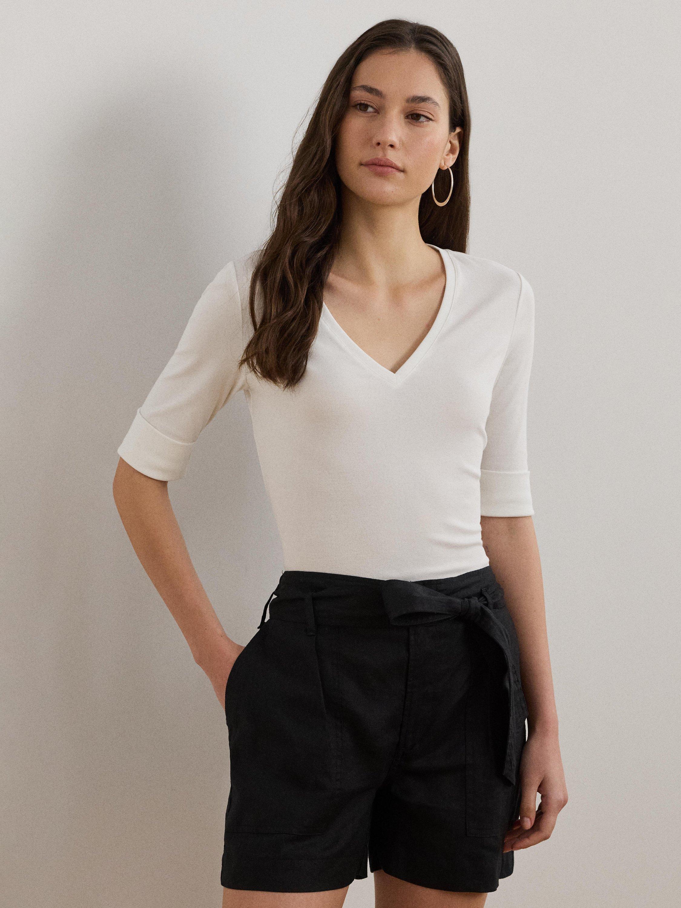 Product image 2 of 4, which shows Lauren Ralph Lauren Judy Short Sleeve V-Neck Stretch Cotton Top, White, XS