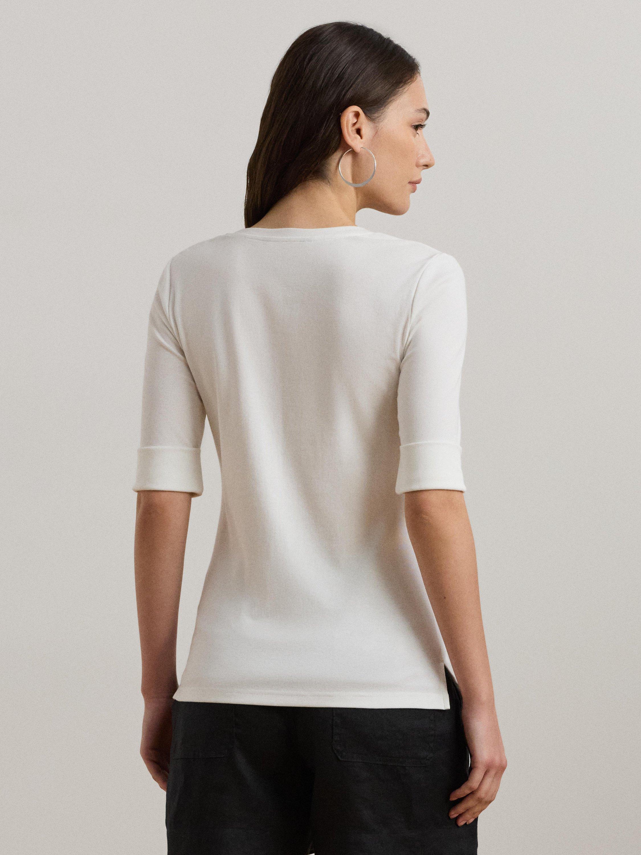 Product image 3 of 4, which shows Lauren Ralph Lauren Judy Short Sleeve V-Neck Stretch Cotton Top, White, XS
