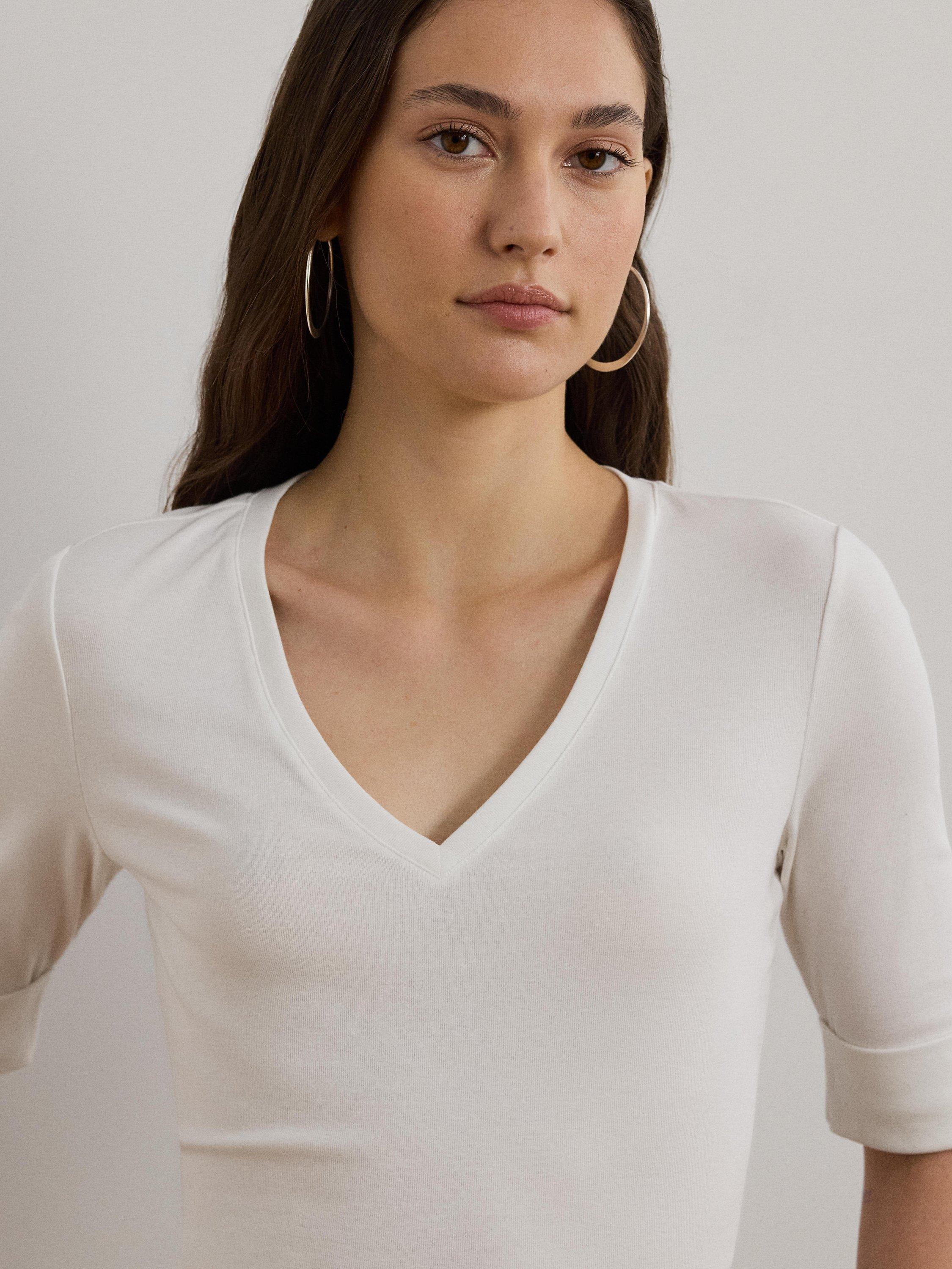 Product image 4 of 4, which shows Lauren Ralph Lauren Judy Short Sleeve V-Neck Stretch Cotton Top, White, XS