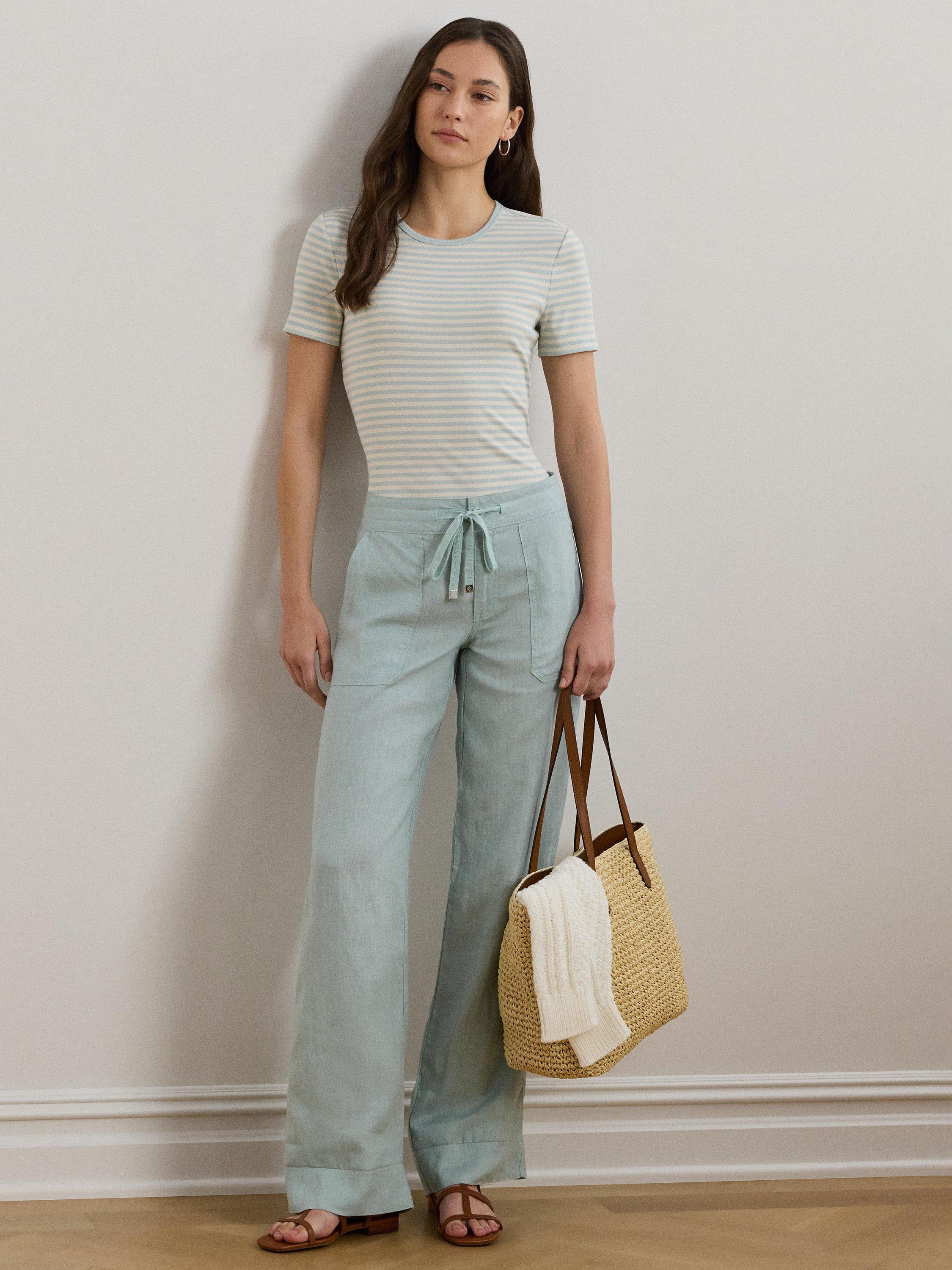 Product image 1 of 4, which shows Lauren Ralph Lauren Jovonie Linen Wide Leg Trousers, Aqua Pearl, 12