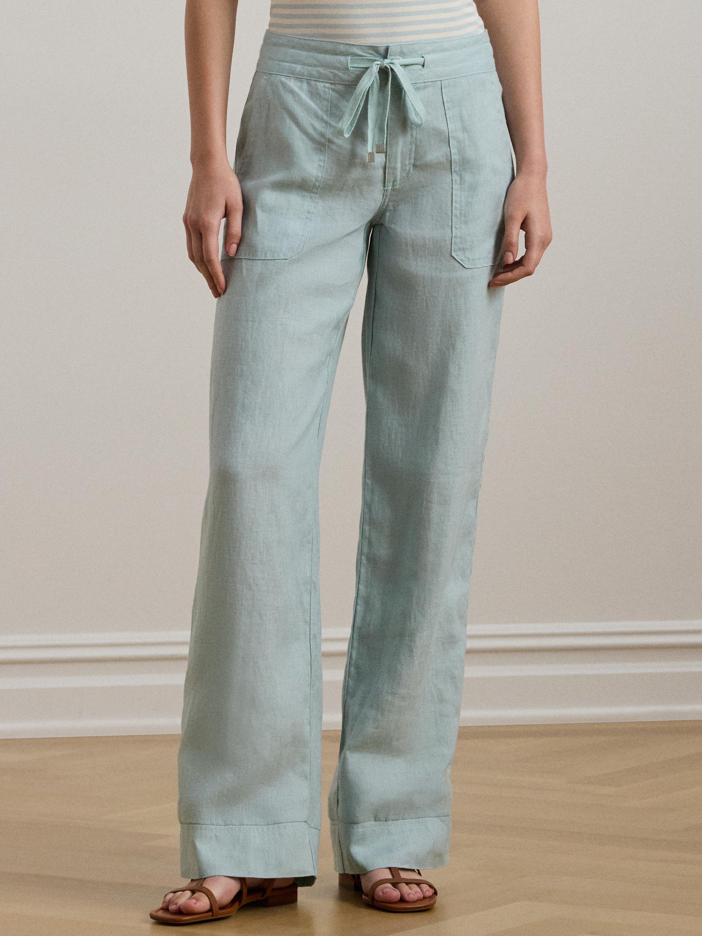 Product image 2 of 4, which shows Lauren Ralph Lauren Jovonie Linen Wide Leg Trousers, Aqua Pearl, 12