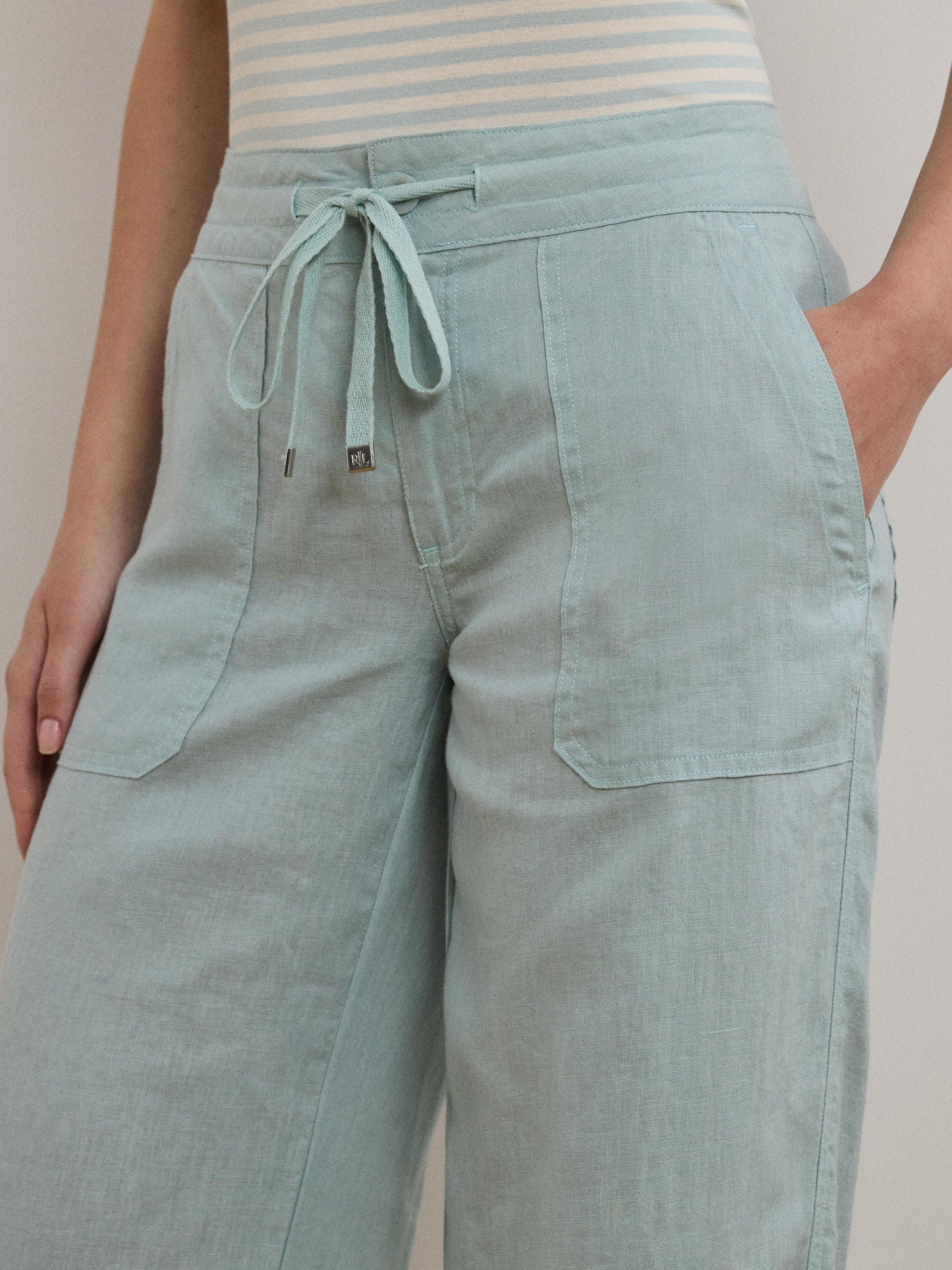 Product image 4 of 4, which shows Lauren Ralph Lauren Jovonie Linen Wide Leg Trousers, Aqua Pearl, 12