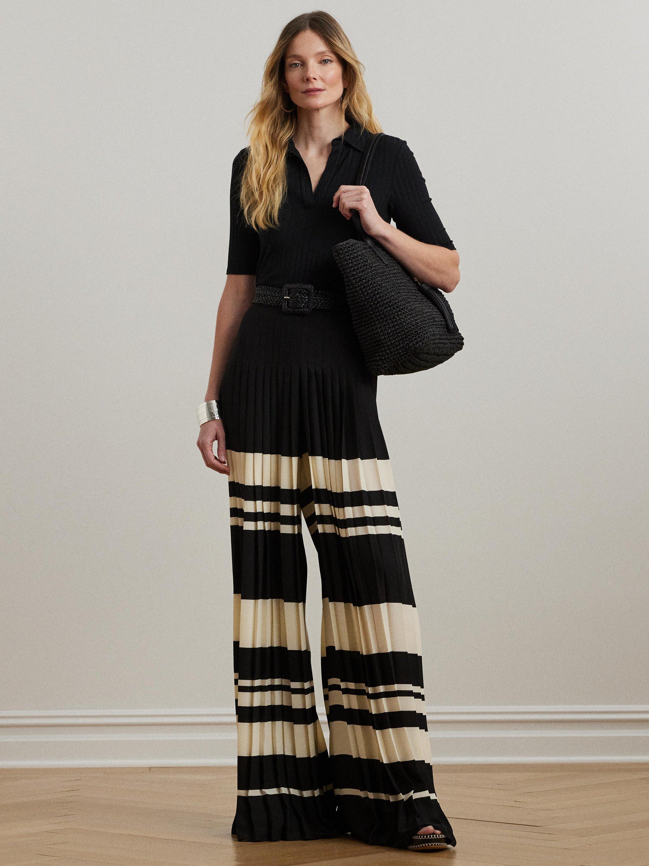 Product image 1 of 4, which shows Lauren Ralph Lauren Lokette Striped Pleated Georgette Wide Leg Trousers, Black/Cream, 6
