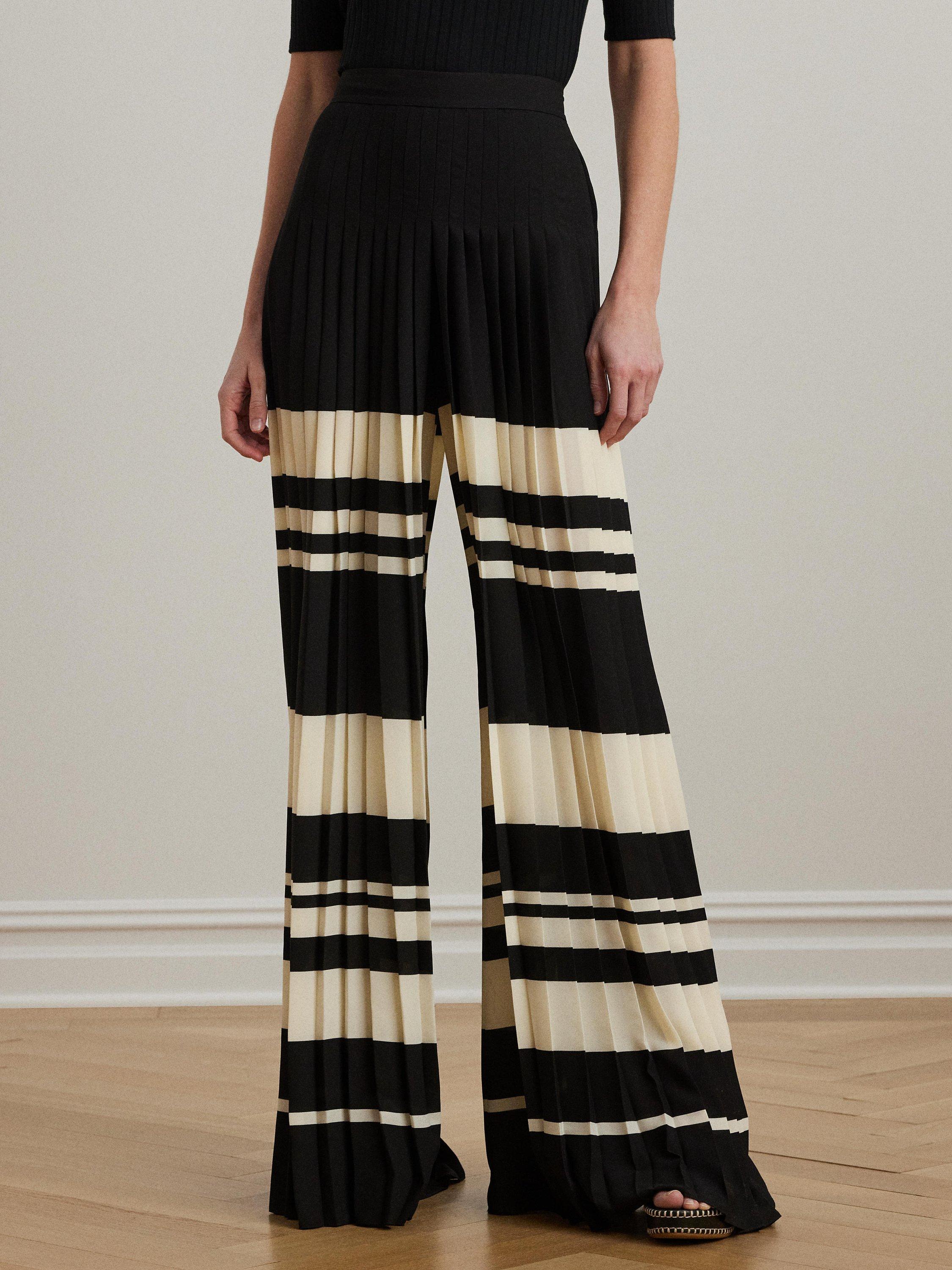 Product image 2 of 4, which shows Lauren Ralph Lauren Lokette Striped Pleated Georgette Wide Leg Trousers, Black/Cream, 6