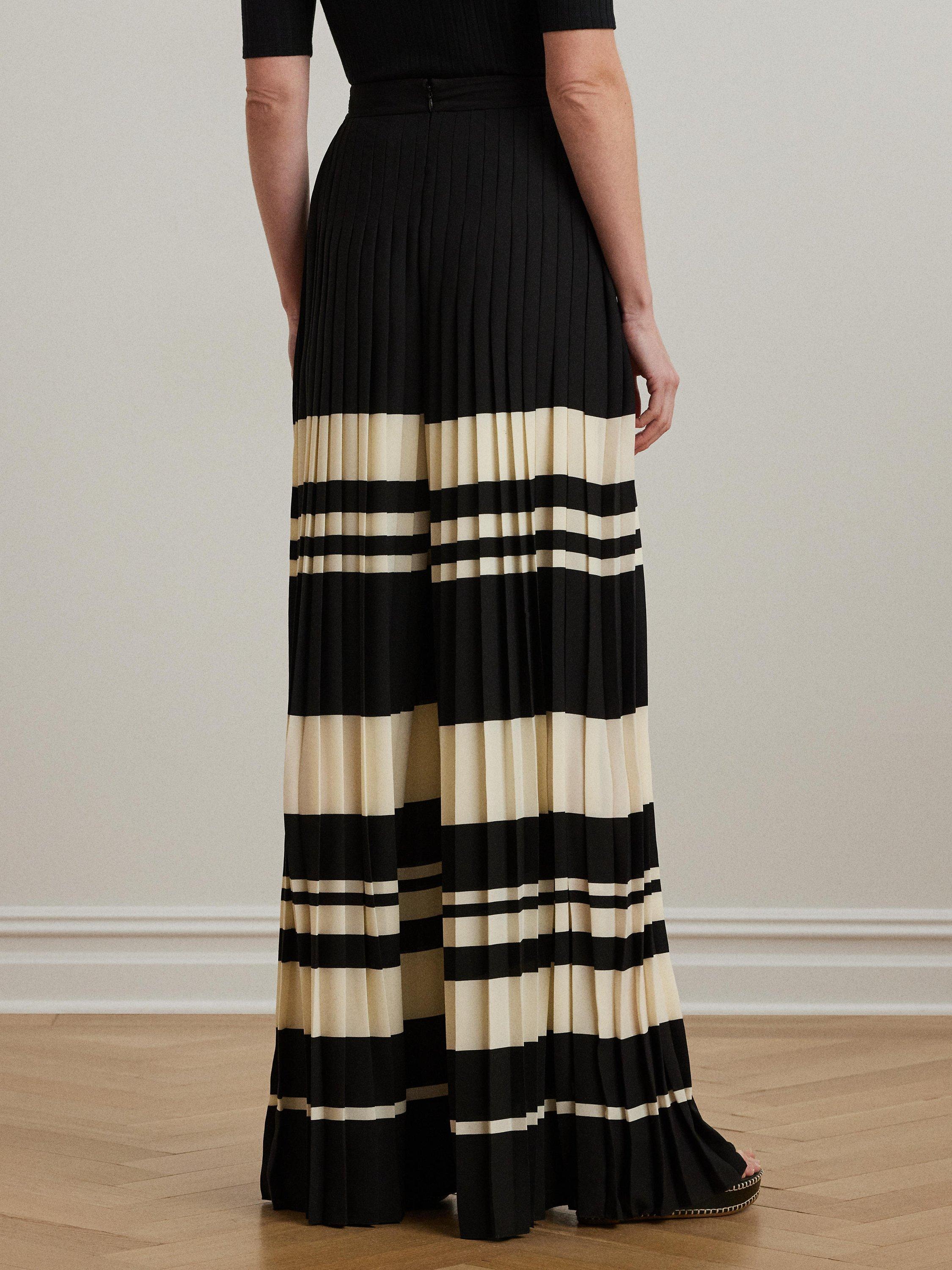 Product image 3 of 4, which shows Lauren Ralph Lauren Lokette Striped Pleated Georgette Wide Leg Trousers, Black/Cream, 6