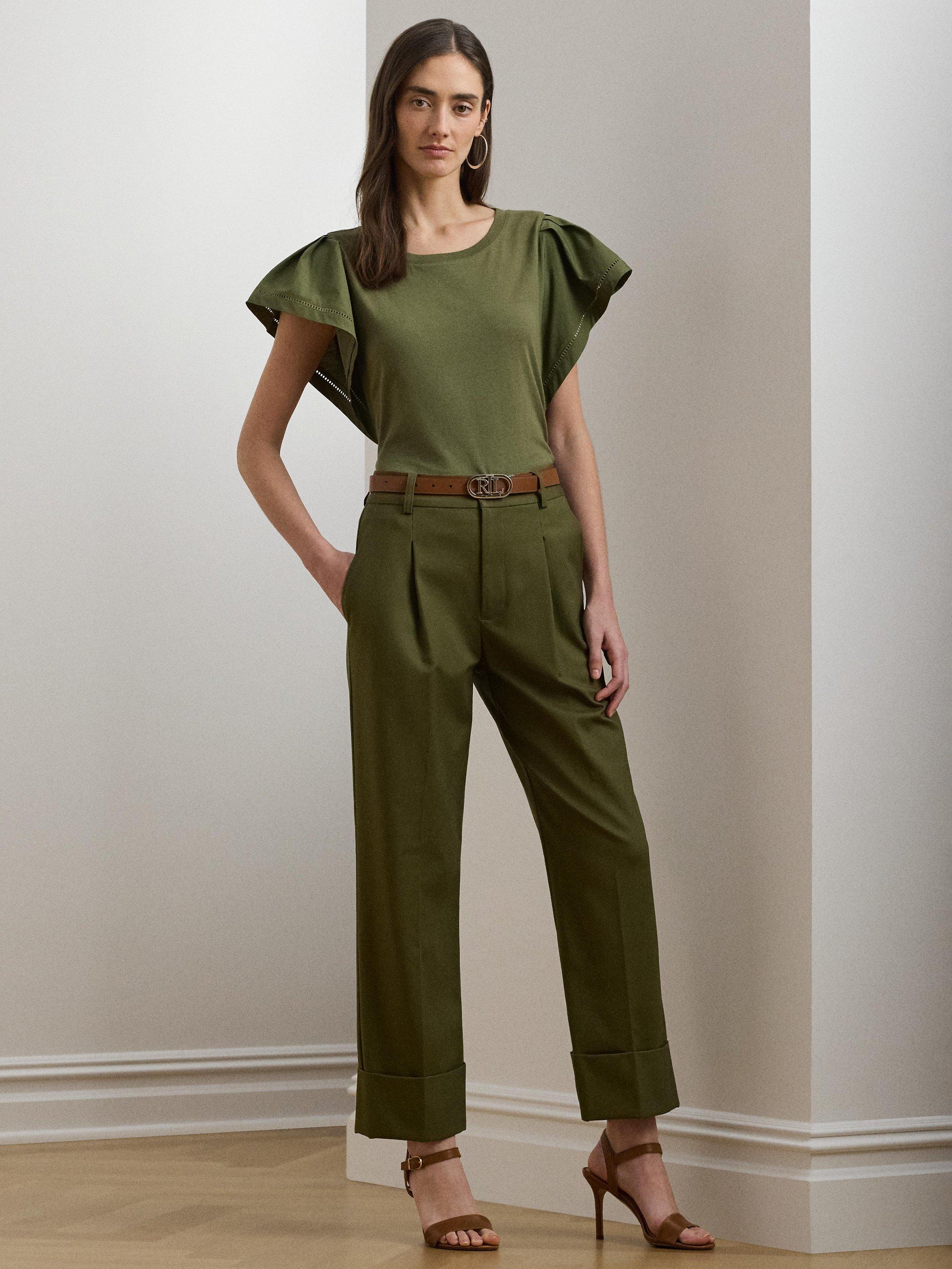 Product image 1 of 4, which shows Lauren Ralph Lauren Stretch Cotton Wide Leg Trousers, Olive Grove, 8