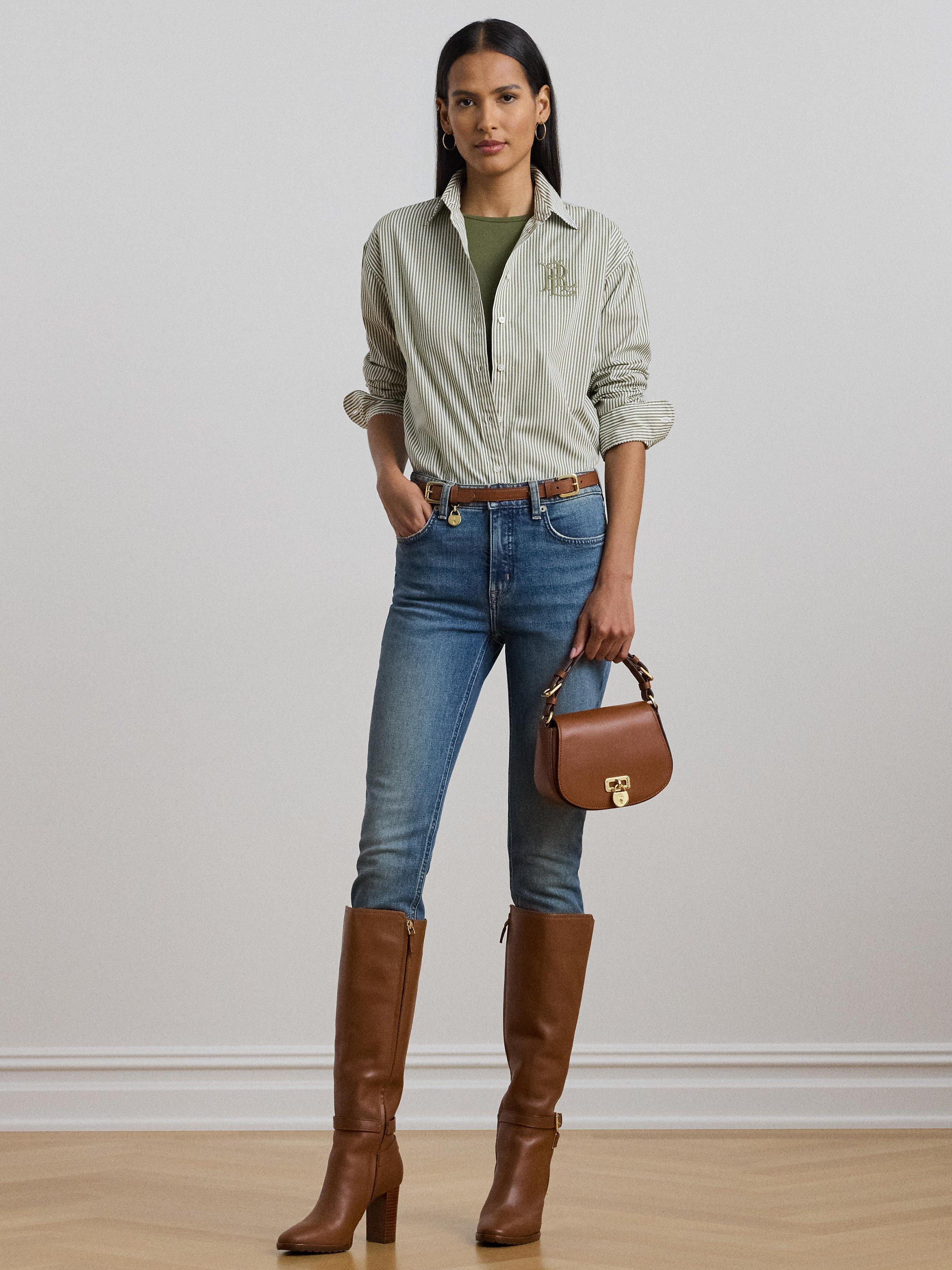 Product image 1 of 4, which shows Lauren Ralph Lauren Kotta Long Sleeve Striped Cotton Shirt, Green/White, S