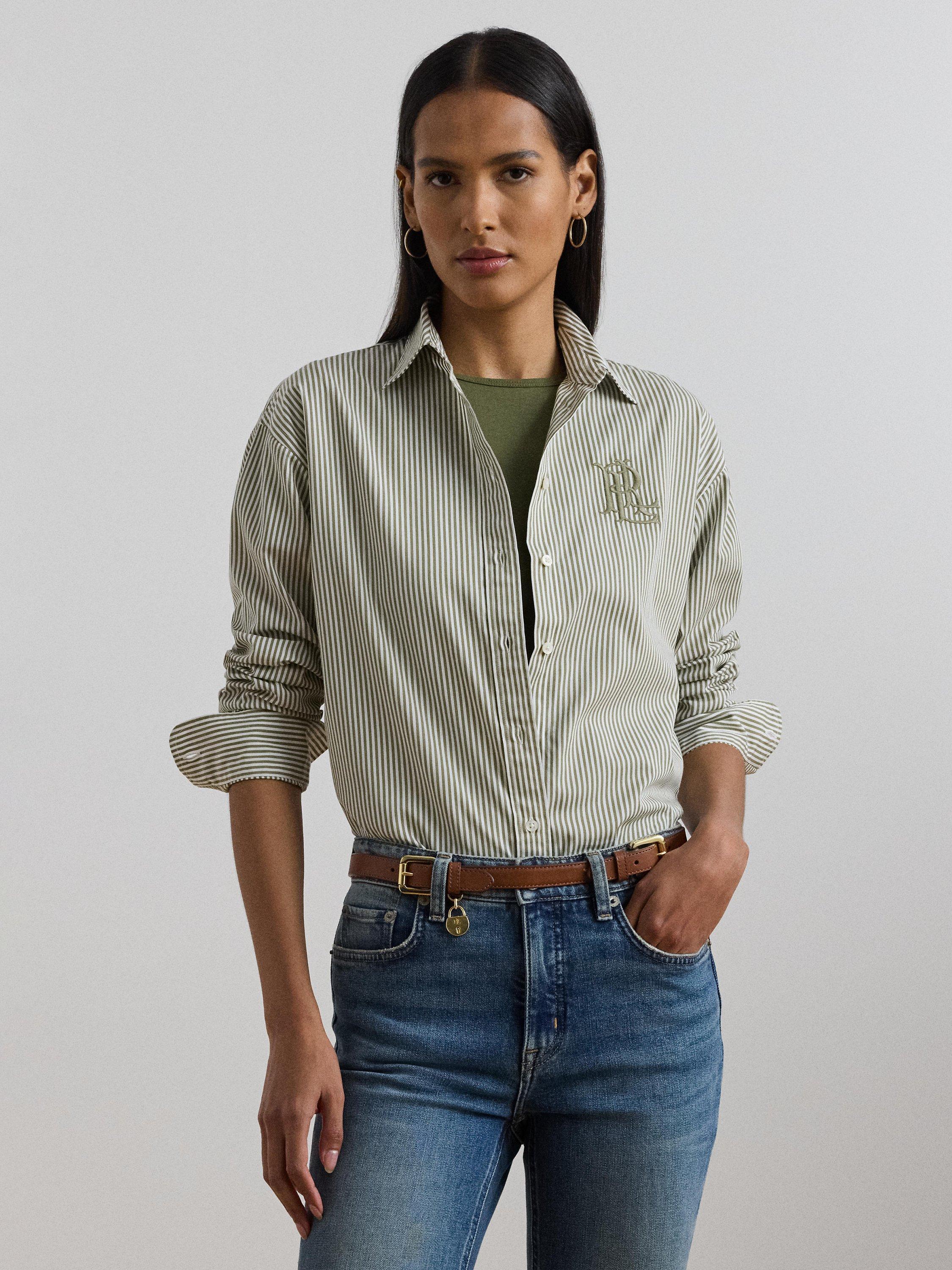 Product image 2 of 4, which shows Lauren Ralph Lauren Kotta Long Sleeve Striped Cotton Shirt, Green/White, S