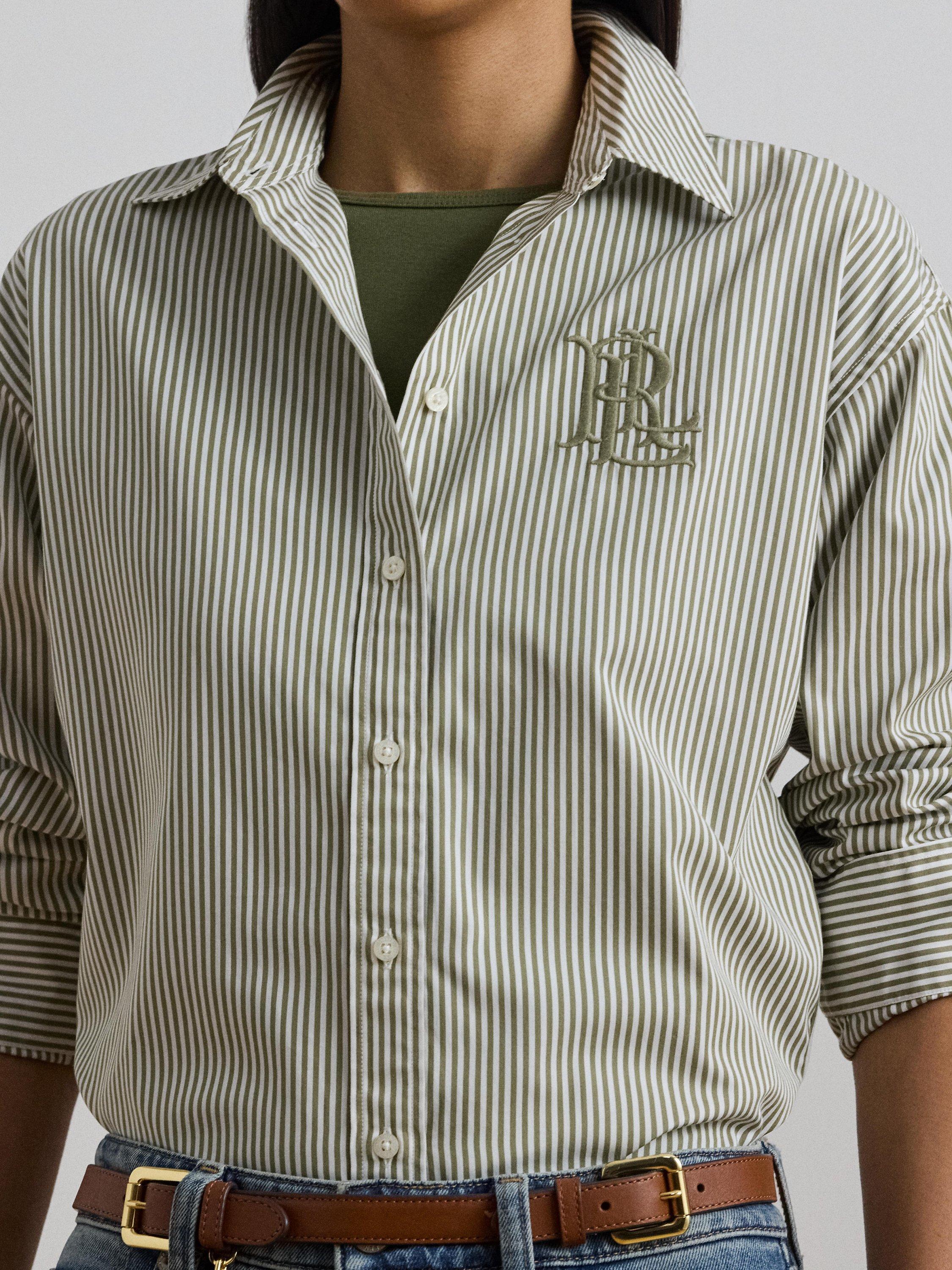 Product image 3 of 4, which shows Lauren Ralph Lauren Kotta Long Sleeve Striped Cotton Shirt, Green/White, S