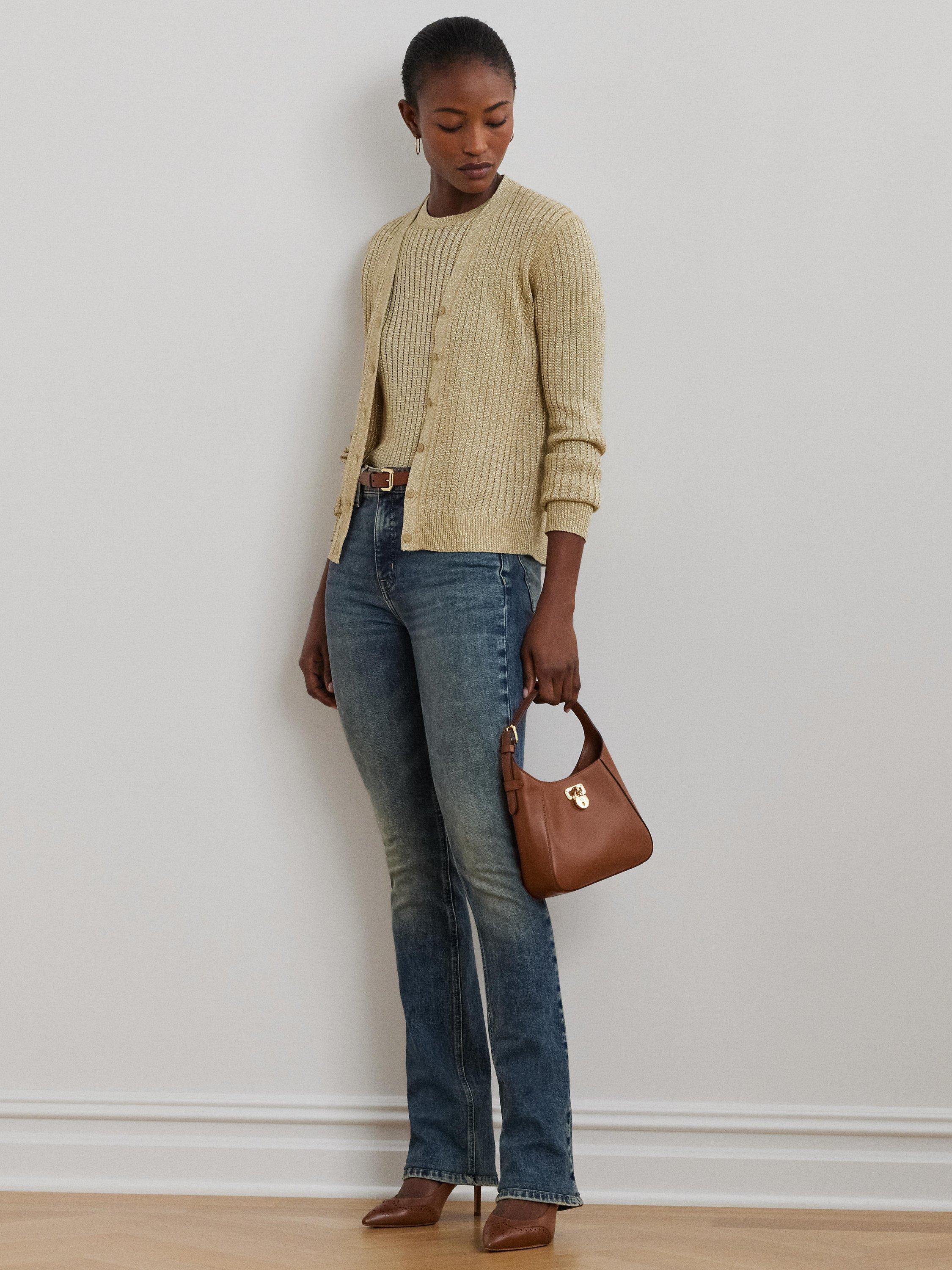 Product image 1 of 4, which shows Lauren Ralph Lauren Denzel Rib Knit Long Sleeve Cardigan, Mineral Gold, XS