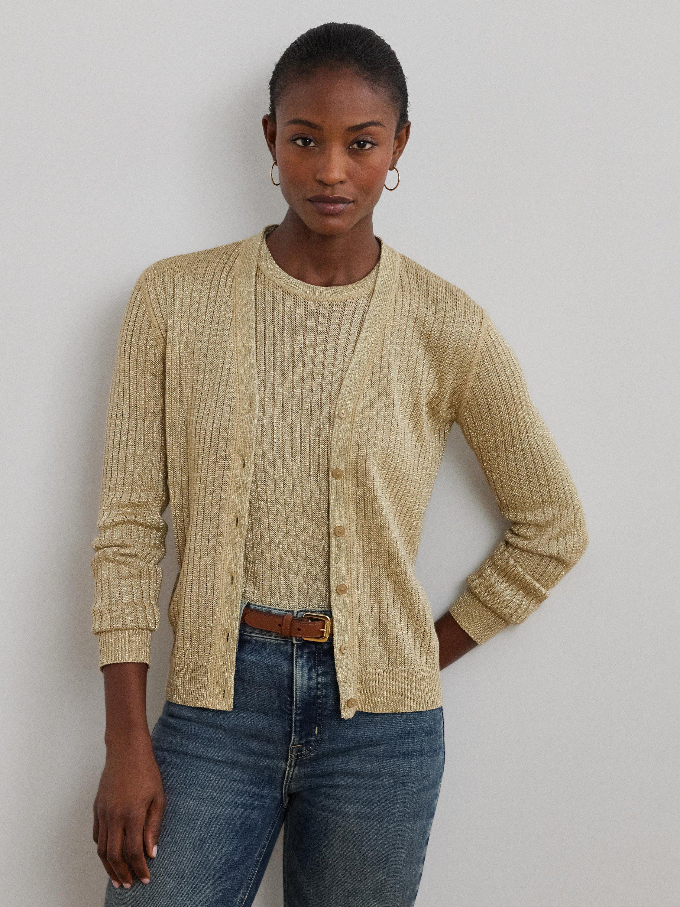 Product image 2 of 4, which shows Lauren Ralph Lauren Denzel Rib Knit Long Sleeve Cardigan, Mineral Gold, XS