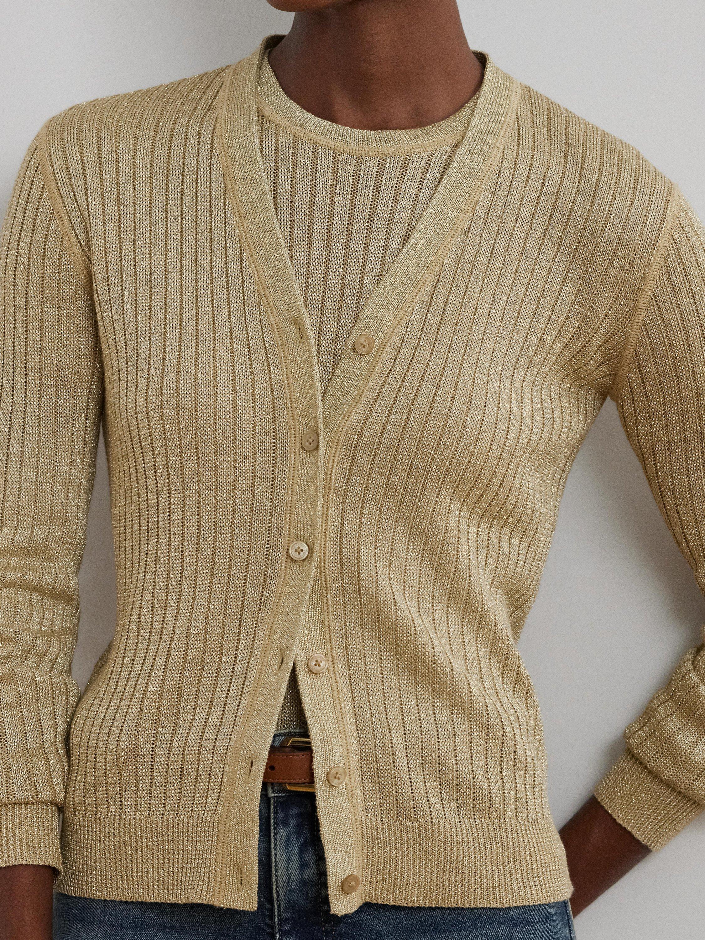 Product image 3 of 4, which shows Lauren Ralph Lauren Denzel Rib Knit Long Sleeve Cardigan, Mineral Gold, XS