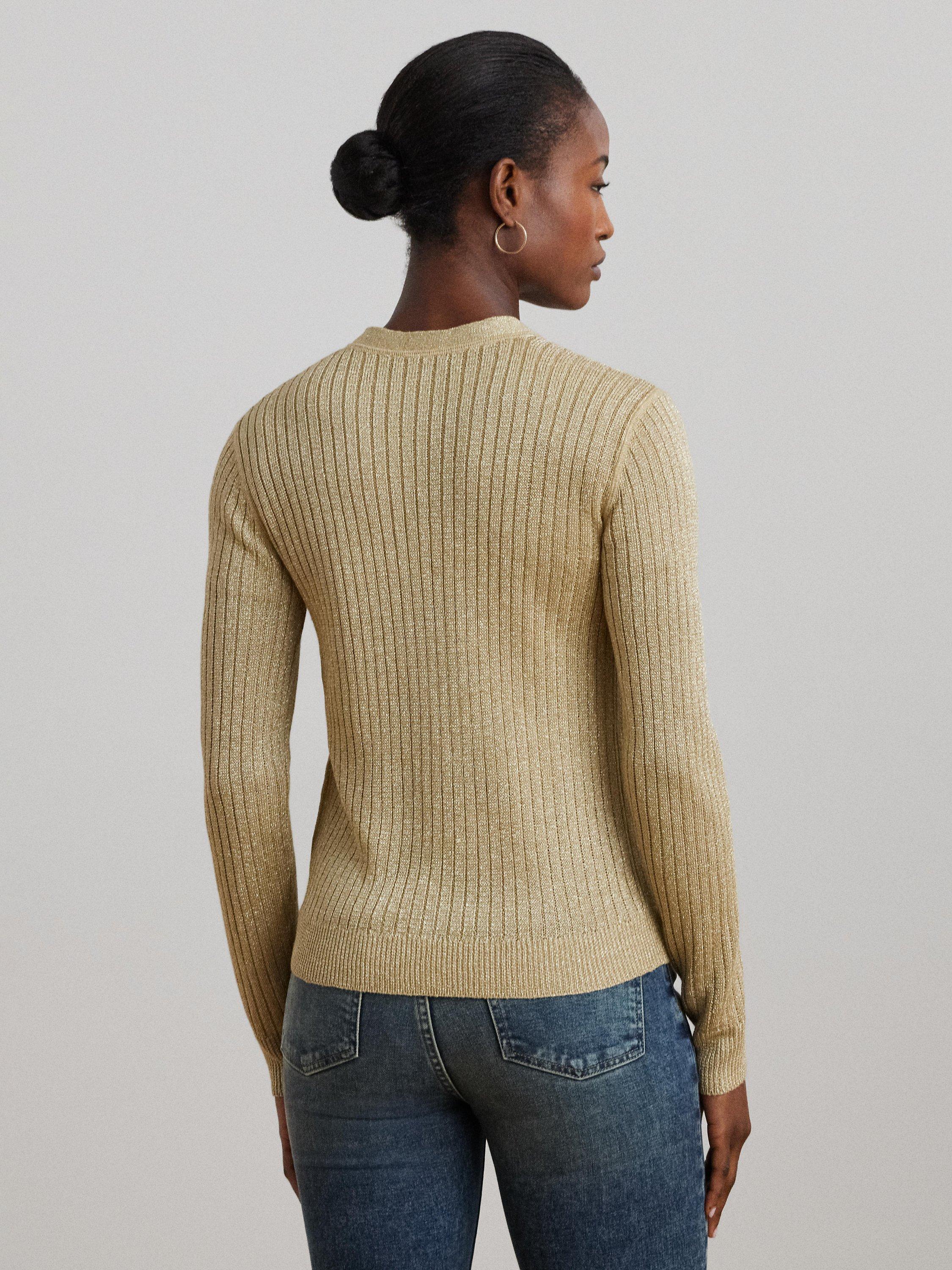 Product image 4 of 4, which shows Lauren Ralph Lauren Denzel Rib Knit Long Sleeve Cardigan, Mineral Gold, XS
