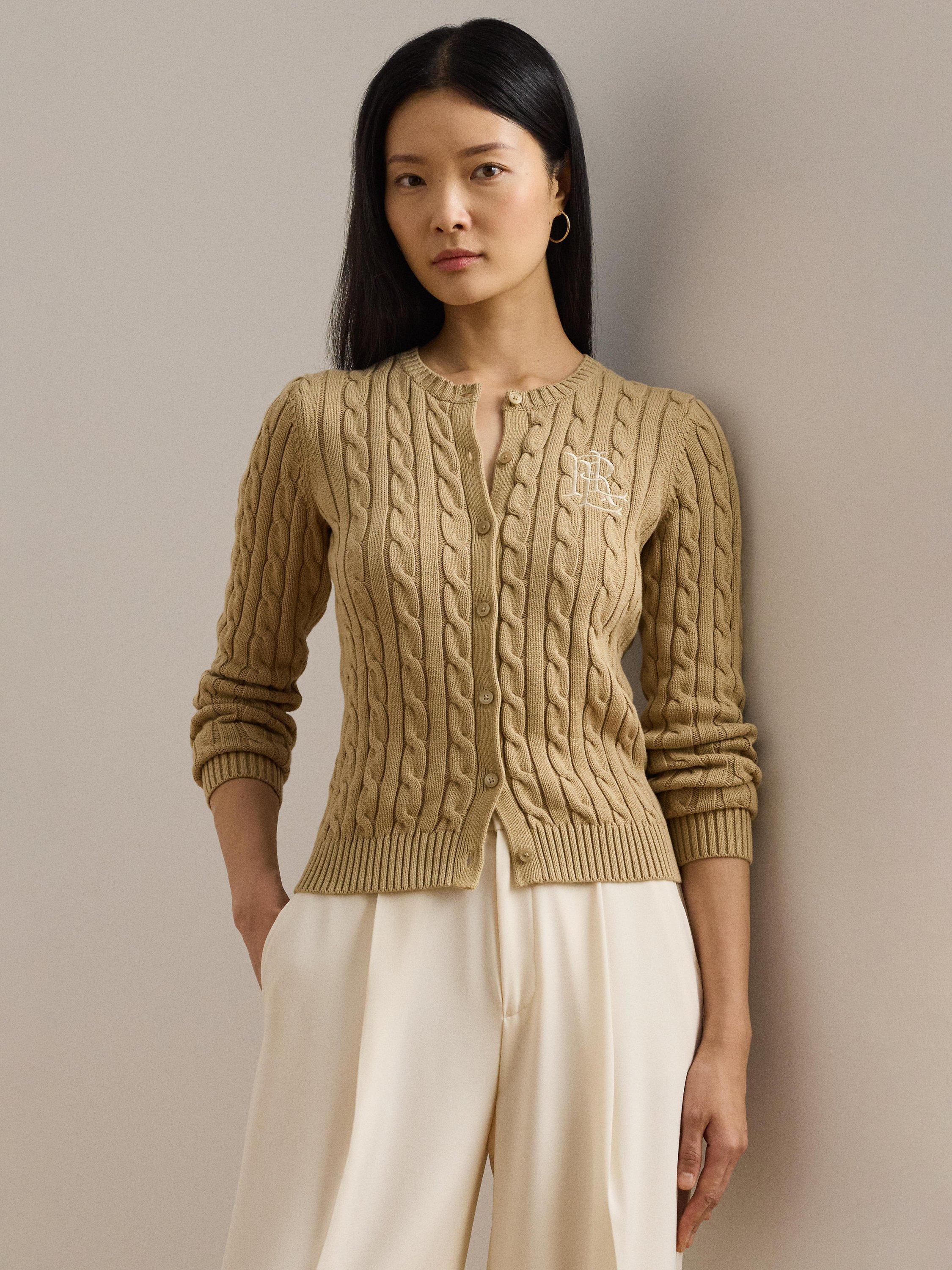 Product image 2 of 4, which shows Lauren Ralph Lauren Ralhan Cotton Cable Knit Cardigan, Birch Tan, XS