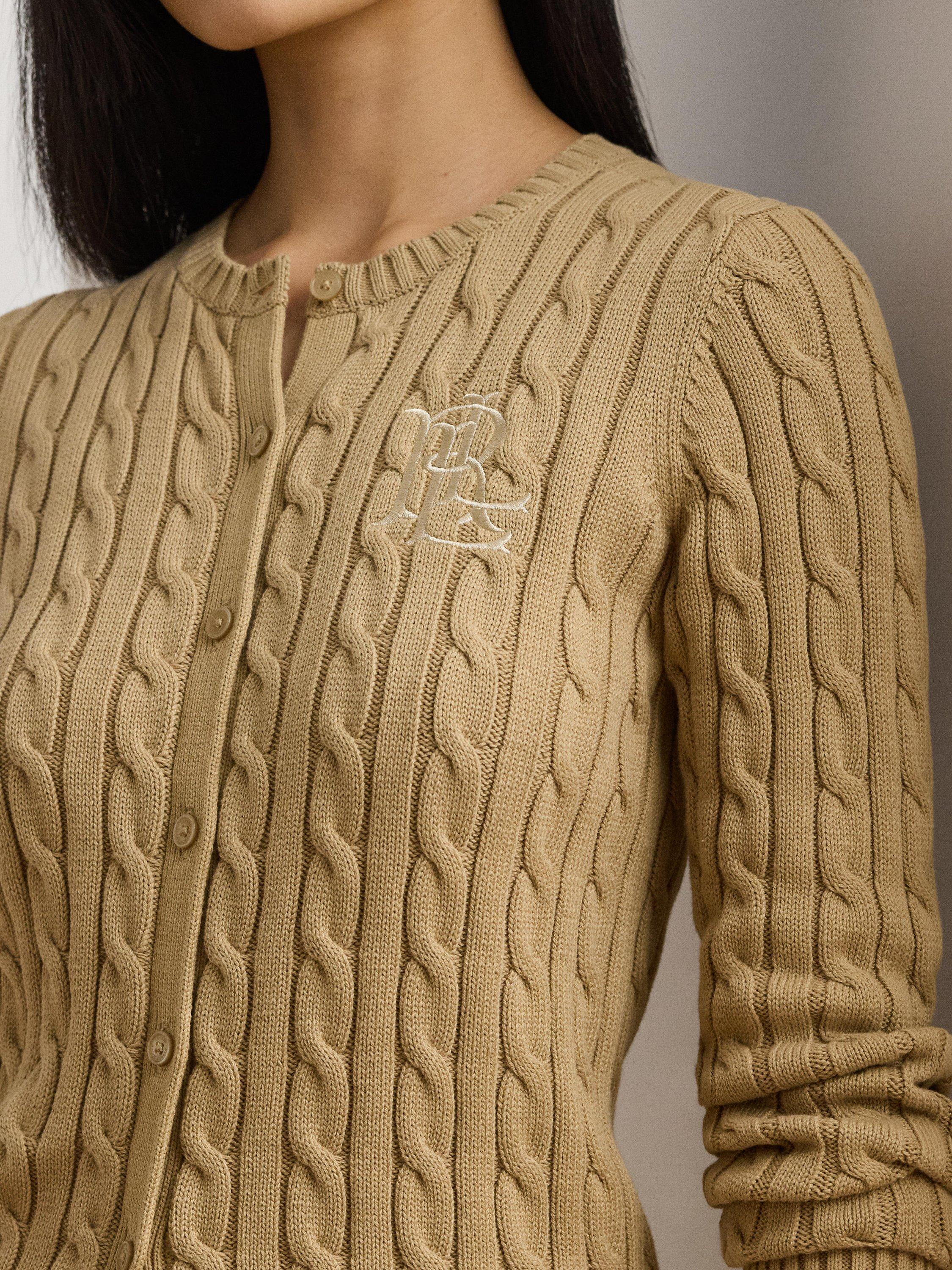 Product image 3 of 4, which shows Lauren Ralph Lauren Ralhan Cotton Cable Knit Cardigan, Birch Tan, XS