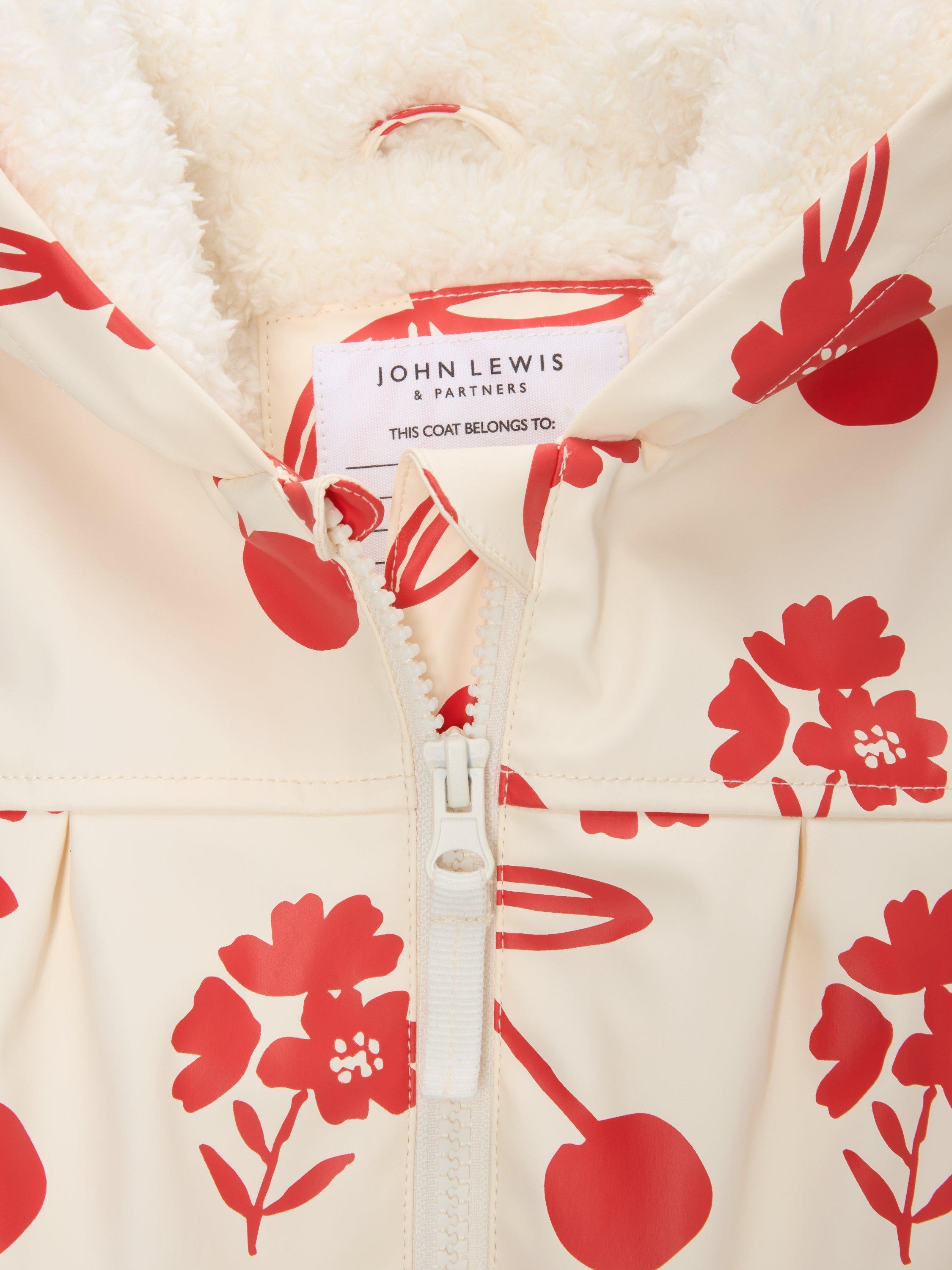 Product image 3 of 3, which shows John Lewis Baby Borg Cherry Print Rain Mac, Multi, 3-6 months