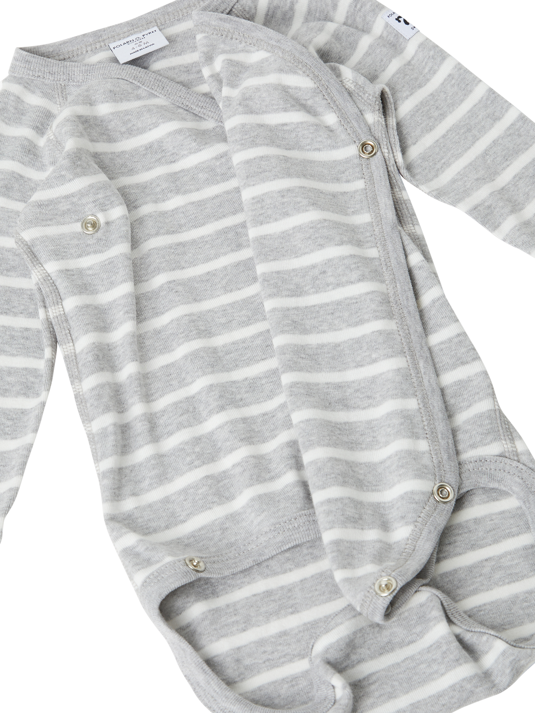 Product image 2 of 3, which shows Polarn O. Pyret Baby Organic Cotton Stripe Bodysuit, Grey, Earl years