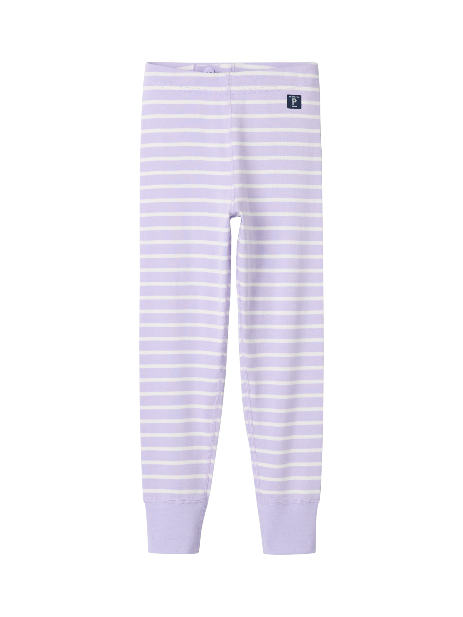 Product image 1 of 4, which shows Polarn O. Pyret Kids' Organic Cotton Stripe Leggings, Purple, 12-18 months