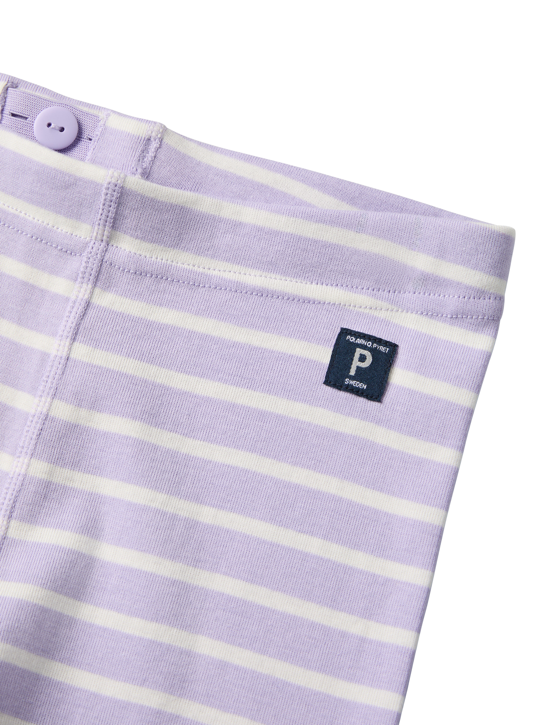 Product image 2 of 4, which shows Polarn O. Pyret Kids' Organic Cotton Stripe Leggings, Purple, 12-18 months