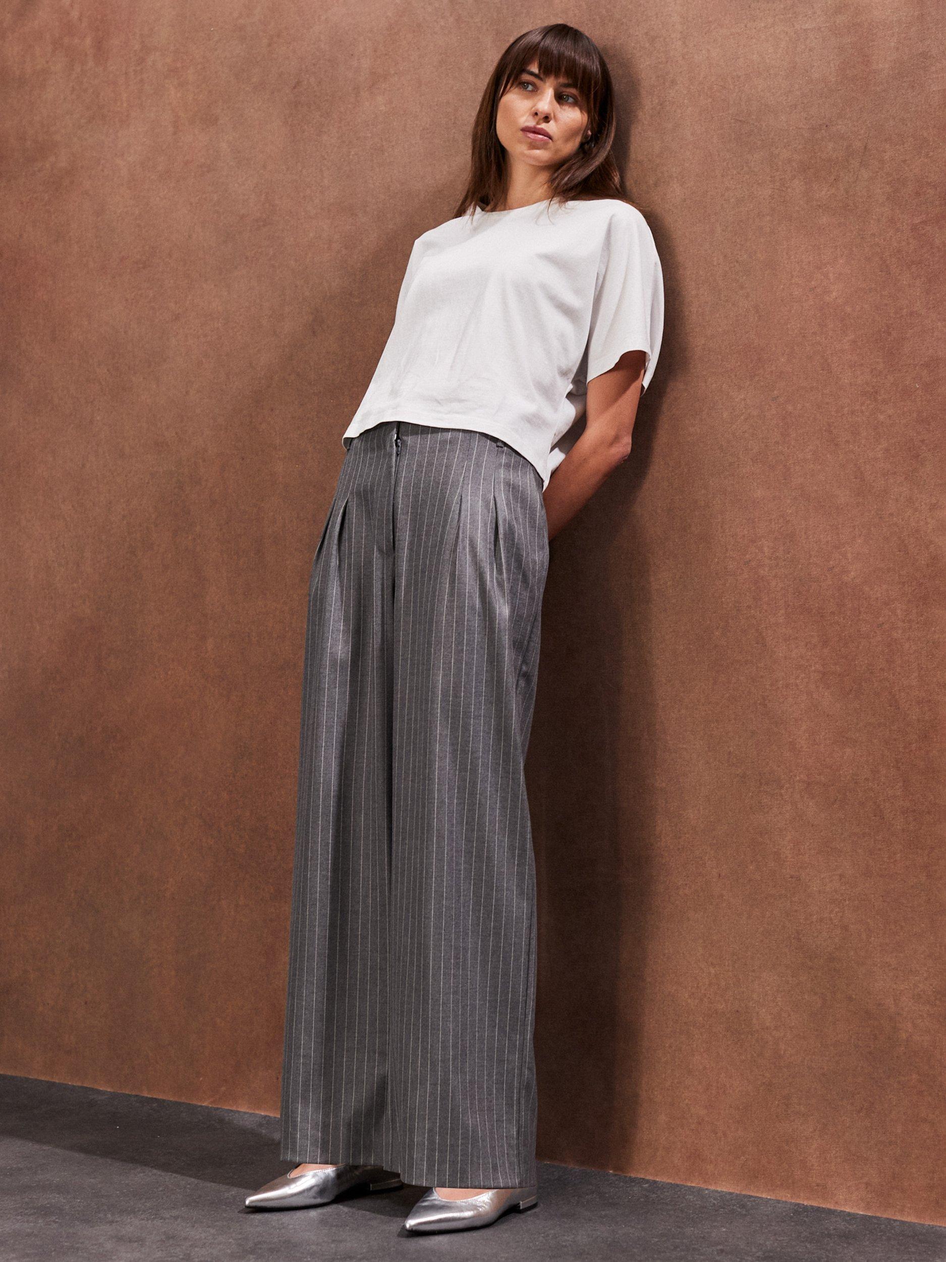 Product image 1 of 5, which shows Ro&Zo High Waist Pinstripe Trousers, Grey, 10